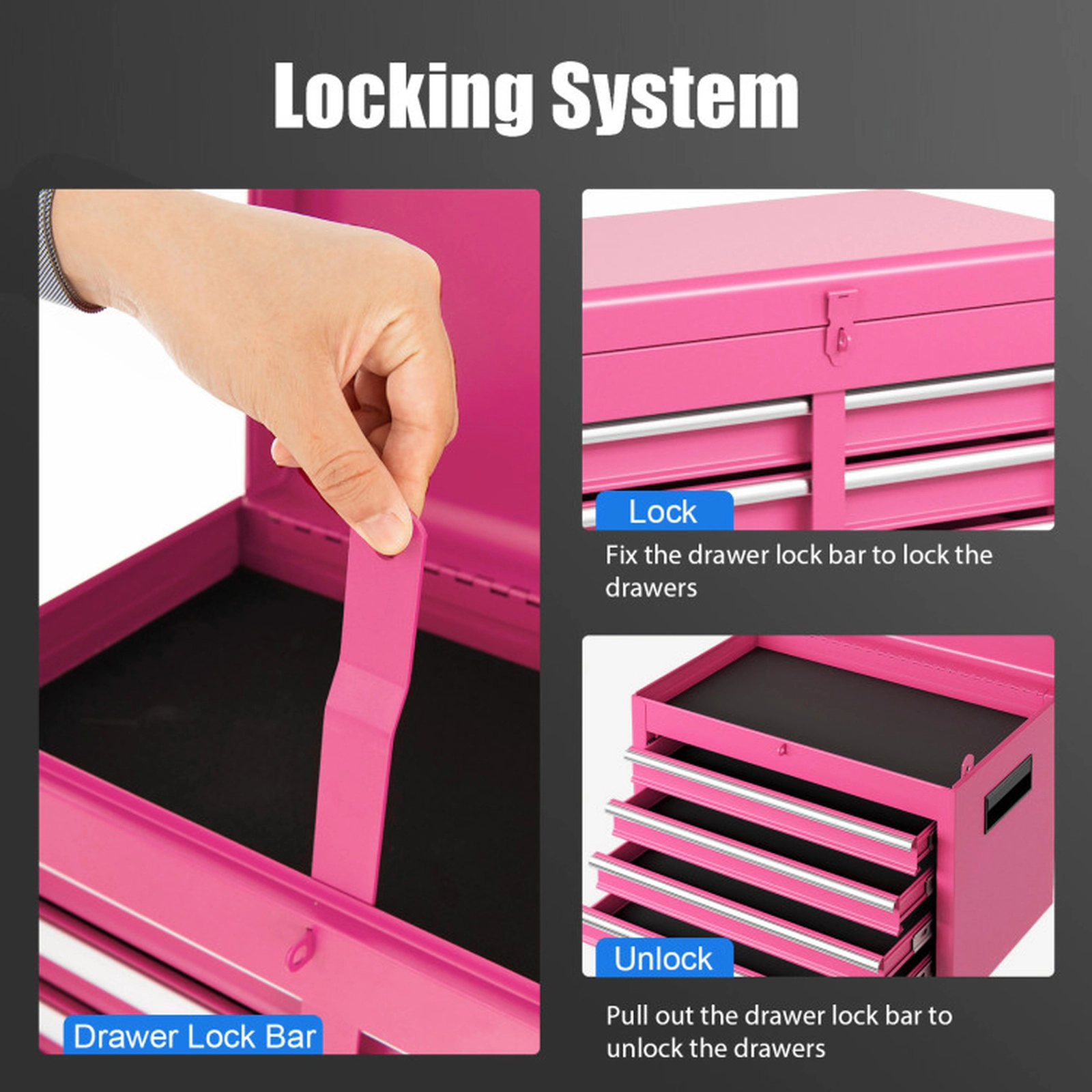 SUGIFT 2-in-1 5-Drawer Detachable Lockable Steel Rolling Tool Chest Cabinet 23-in x 11-in x 40.5-in 220.5-lb Pink