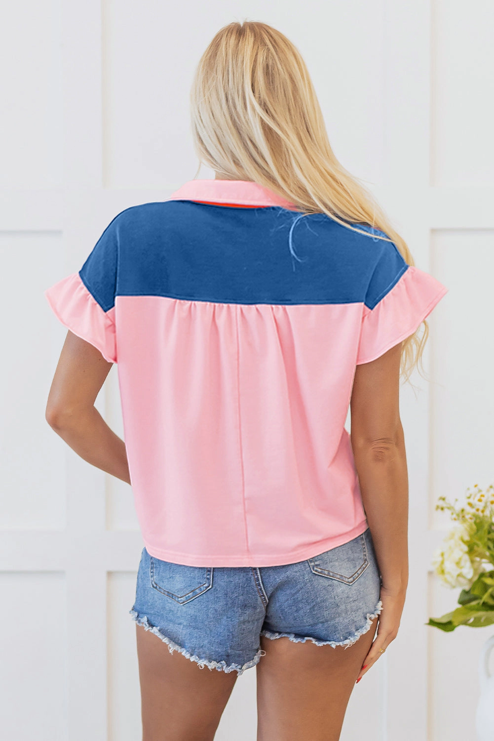 Threaded Pear Women's Carolina Half Buttoned Ruffled Short Sleeve Top