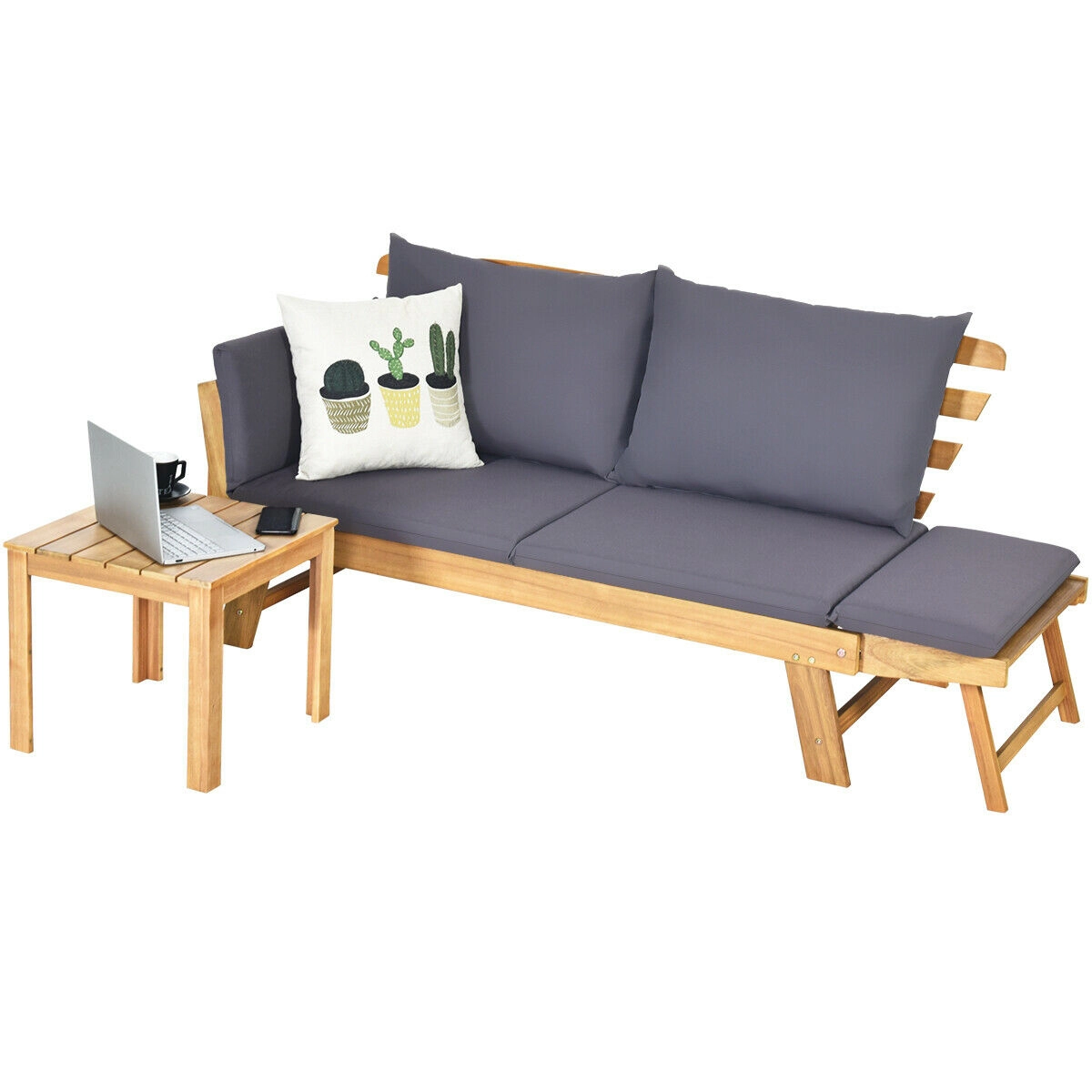 LJG Patio Convertible Solid Wood Sofa with Cushion