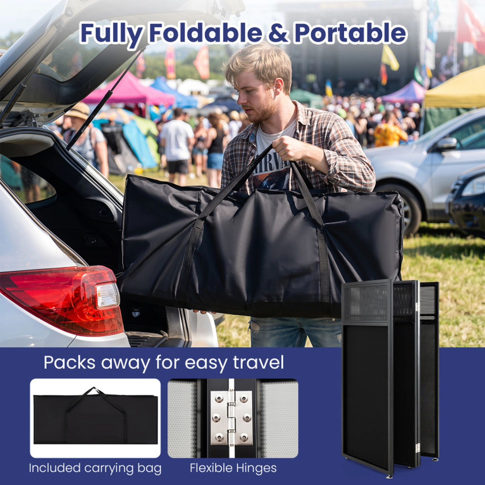 SUGIFT Portable 4-Panel DJ Booth with Adjustable Feet and Detachable Ventilated Tabletop 110-lb Capacity Black