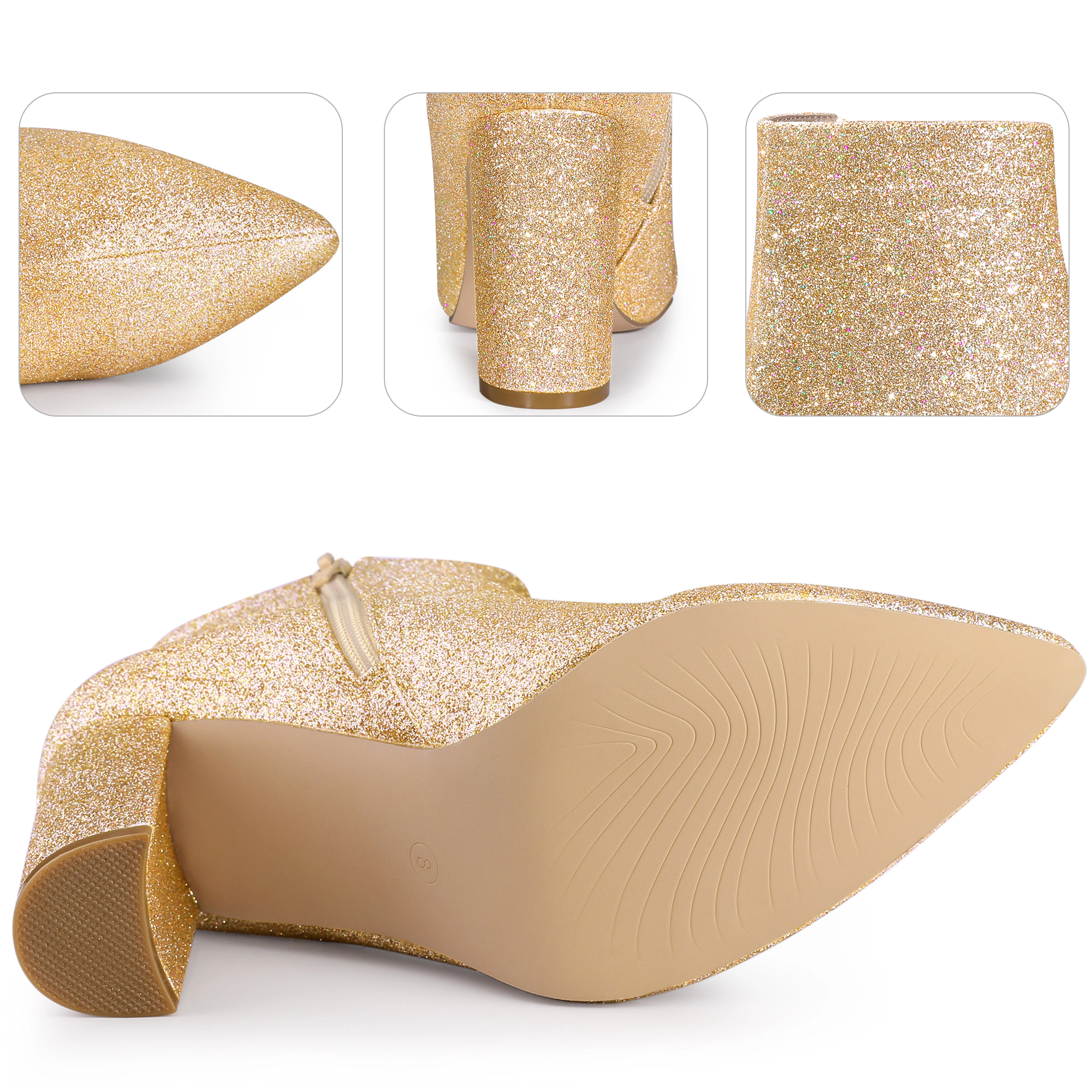 BLISSFUL STEP Women's Pointed Toe Chunky Heels Glitter Ankle Boots