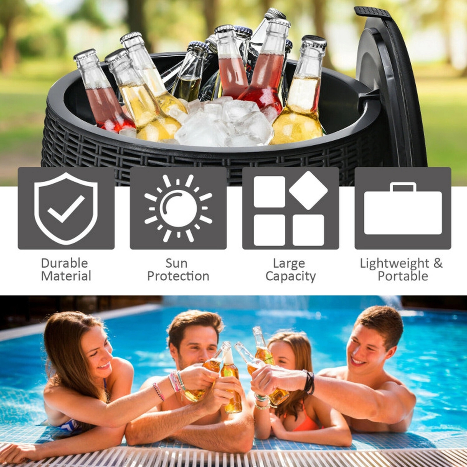 SUGIFT Black 9.5-gal 4-in-1 Rattan Style Ice Cooler Bucket Side Table and Stool with Drainage Plug