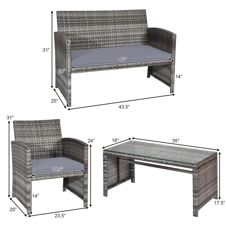 Hivvago 4 Pieces Patio Rattan Furniture Set With Glass Table And Loveseat-Gray