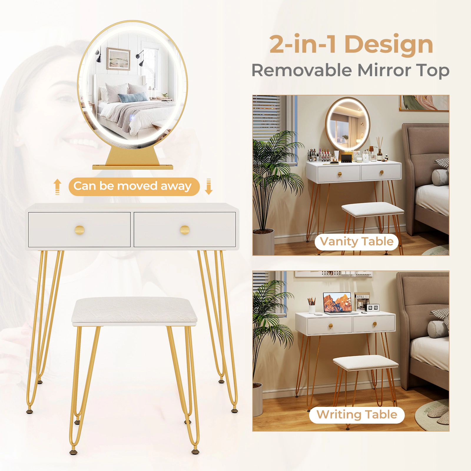 LJG Industrial Makeup Dressing Table with 3 Lighting Modes