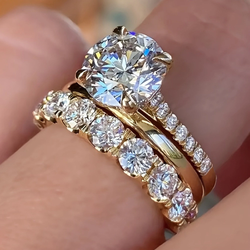 3Pcs Bridal Set for Women 14K Gold Plated Simulated Diamond Stackable Anniversary Eternity Rings