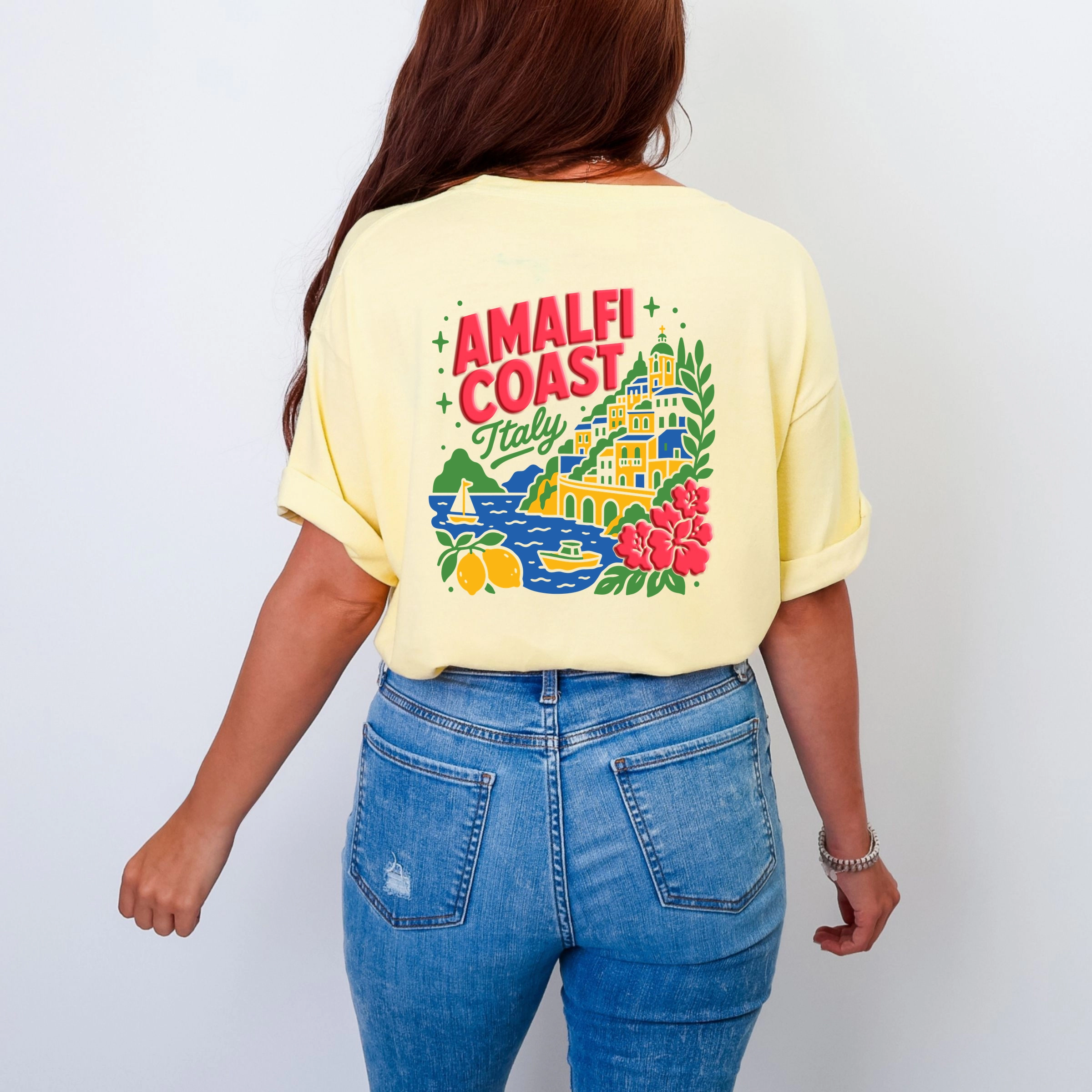 Simply Sage Market - Women's Garment Dyed Graphic T-Shirt Amalfi Coast Vibrant Puff Print