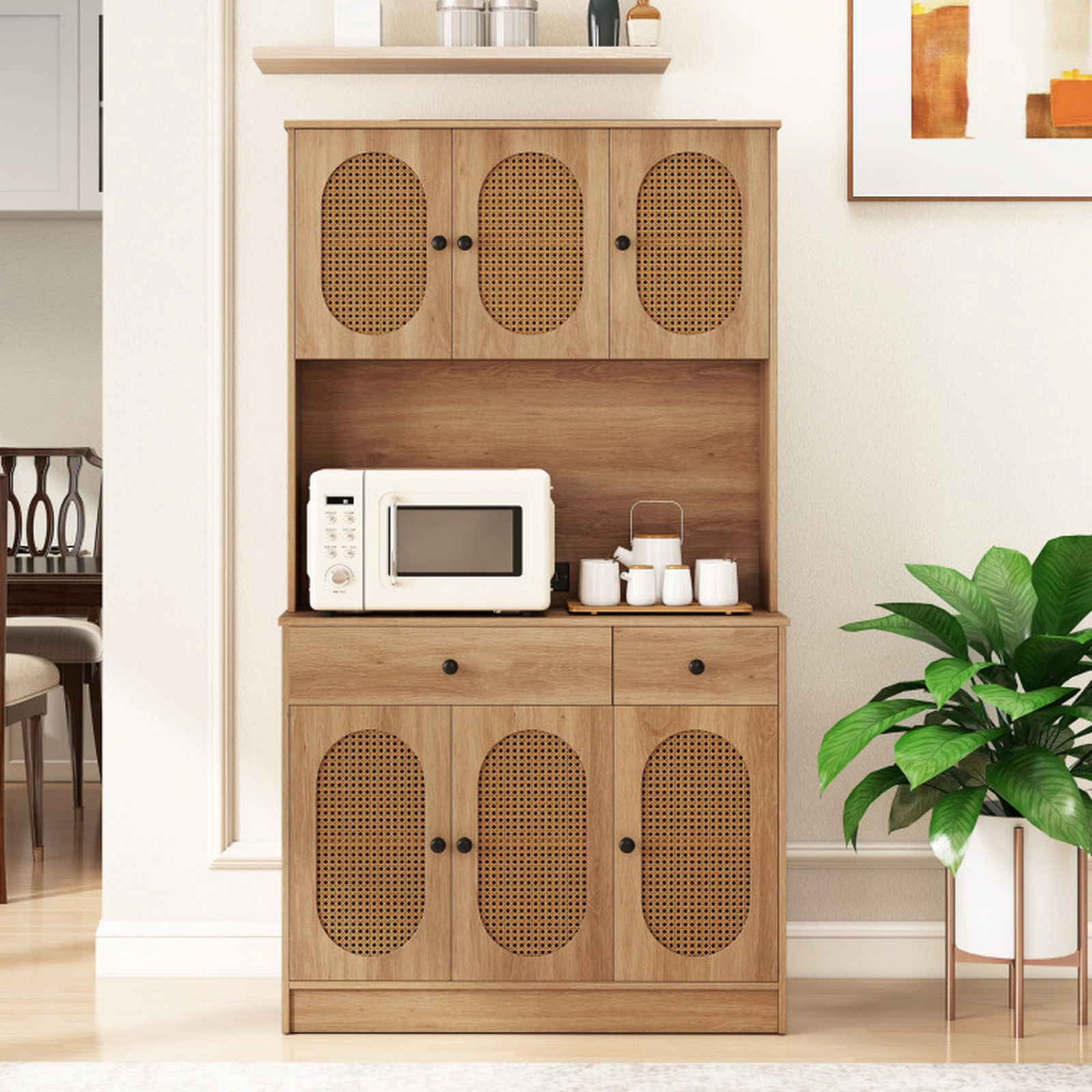 SUGIFT 71-in Rattan Doors Charging Station 2 Drawers Kitchen Pantry Cabinet 39.5-in x 16-in 231-lb Capacity Natural