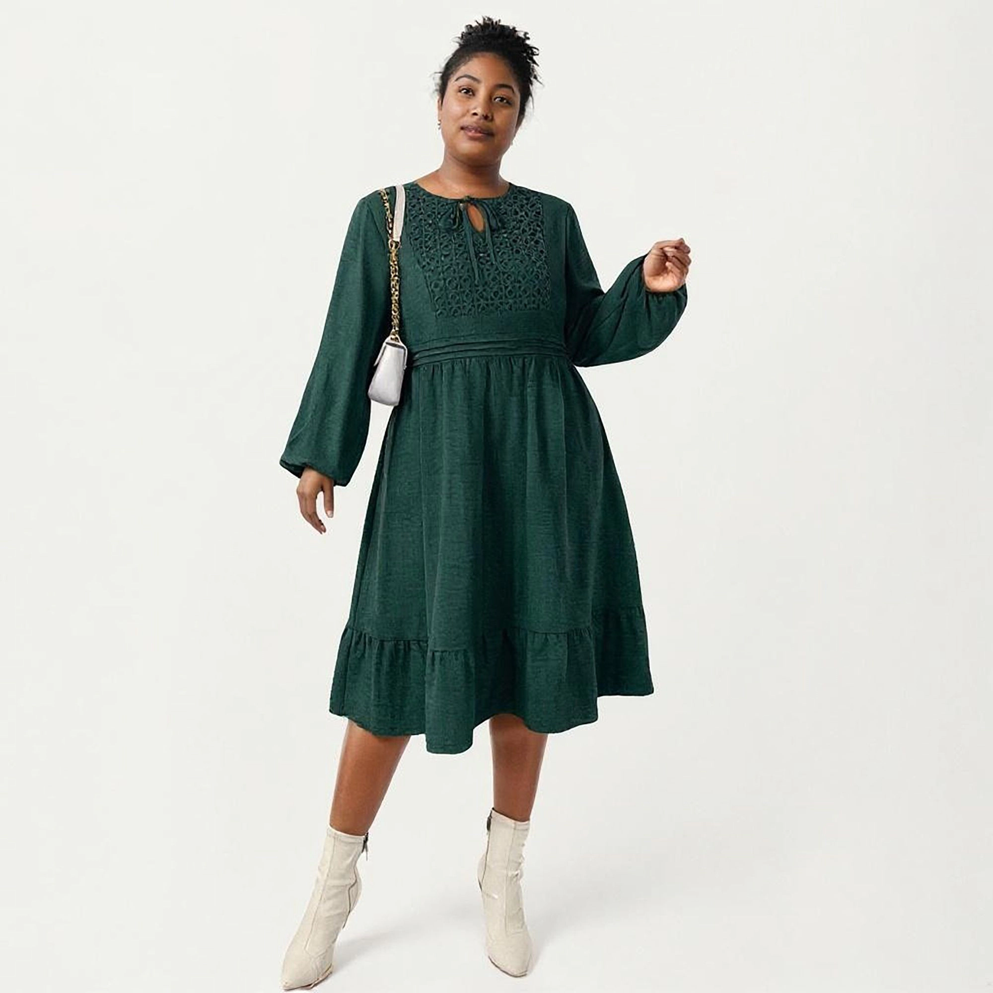 Anna-Kaci Women's Plus Long Sleeve Embroidered Elastic Waist Tiered Hem Midi Dress