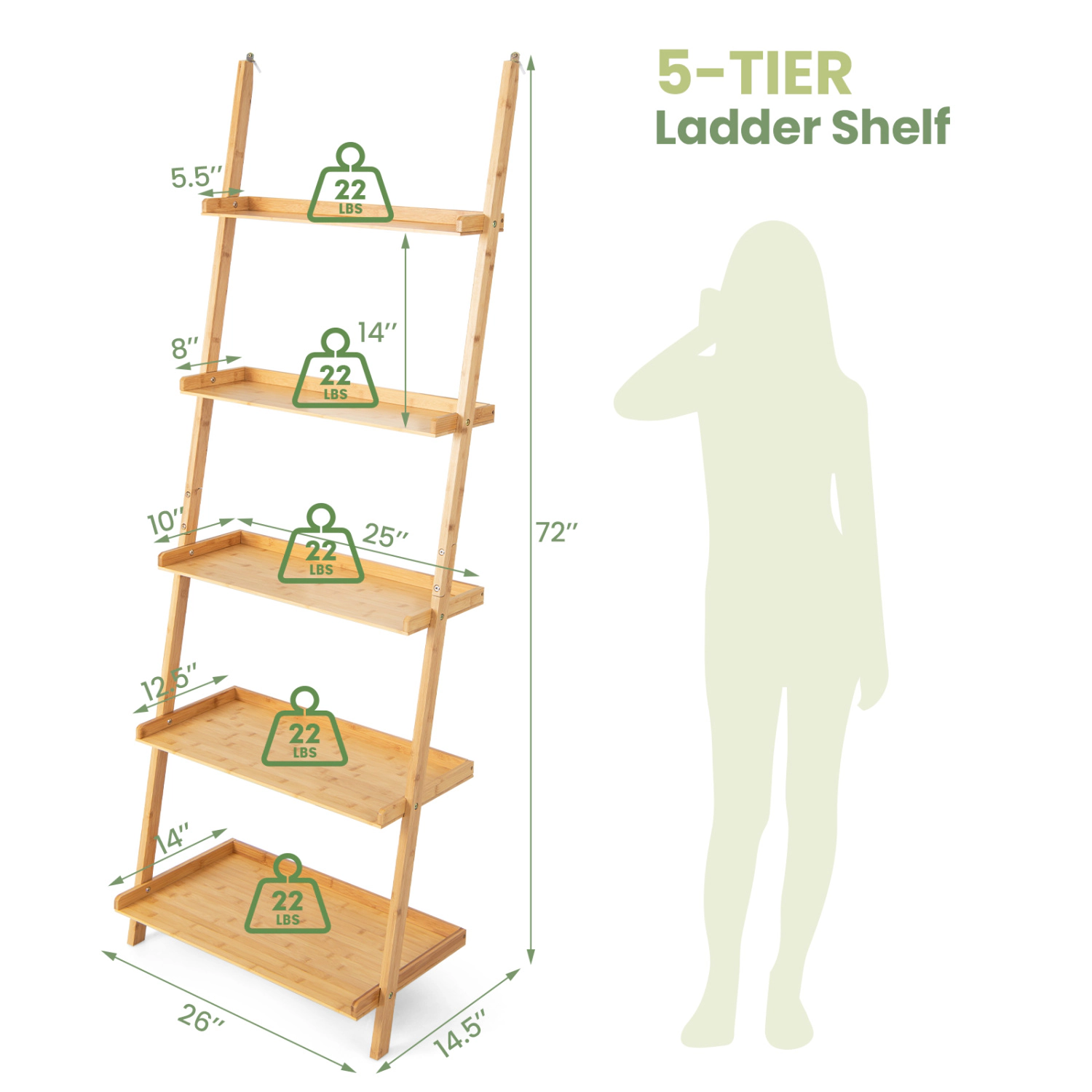 LJG 5-Tier Ladder Shelf Bamboo Bookshelf Wall-Leaning Storage Display Plant Stand