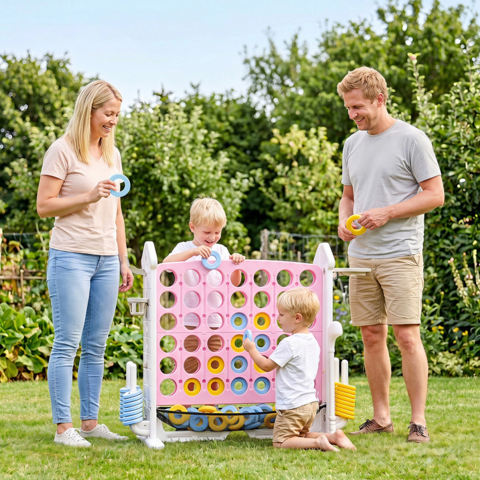 SUGIFT 4-in-1 Height Adjustable Row Connect Game with Mesh Net and Carrying Bag 32-in Tall Frame Pink