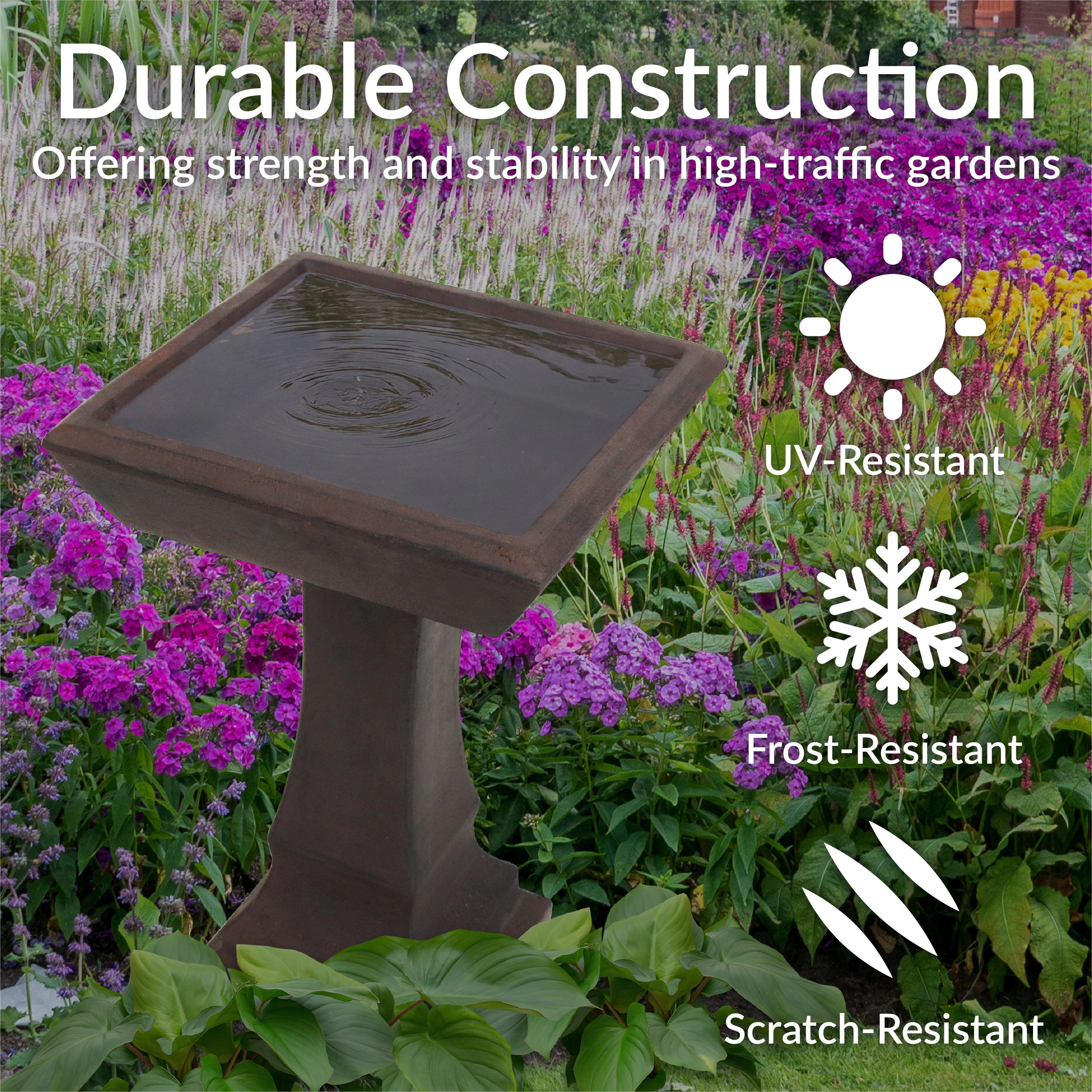 Sunnydaze Square Concrete Bird Bath for Outdoors, 23” H, Brown