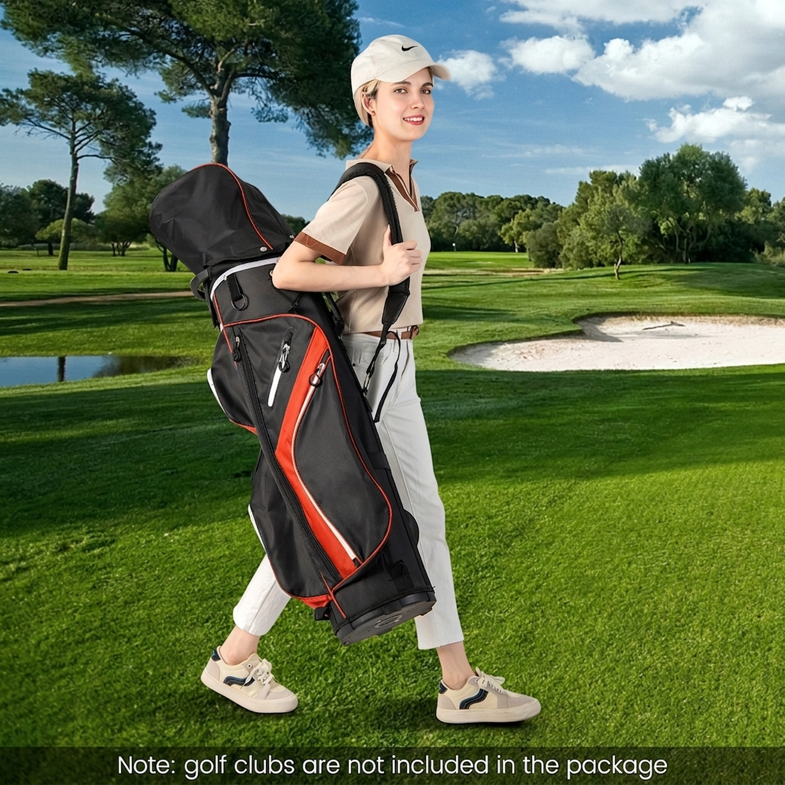 Golf Cart Bag 14-Way Top Dividers 9 Zippered Pockets Zip-Open Rain Hood Lift Assist Handles Red Polyester