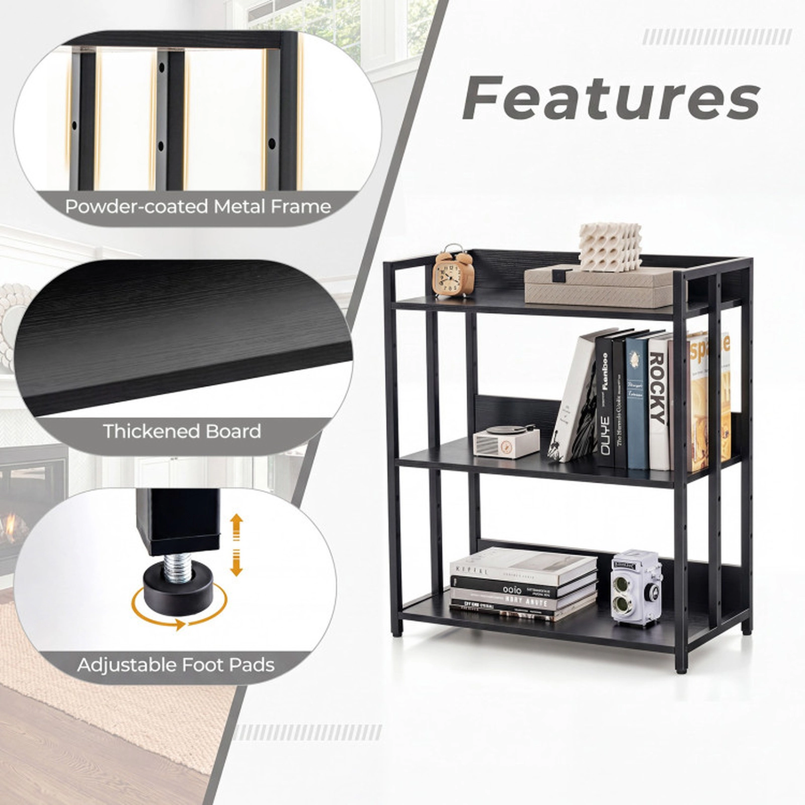 SUGIFT Black 3-Tier Corner Bookshelf with Adjustable Shelves and Anti-Toppling Device