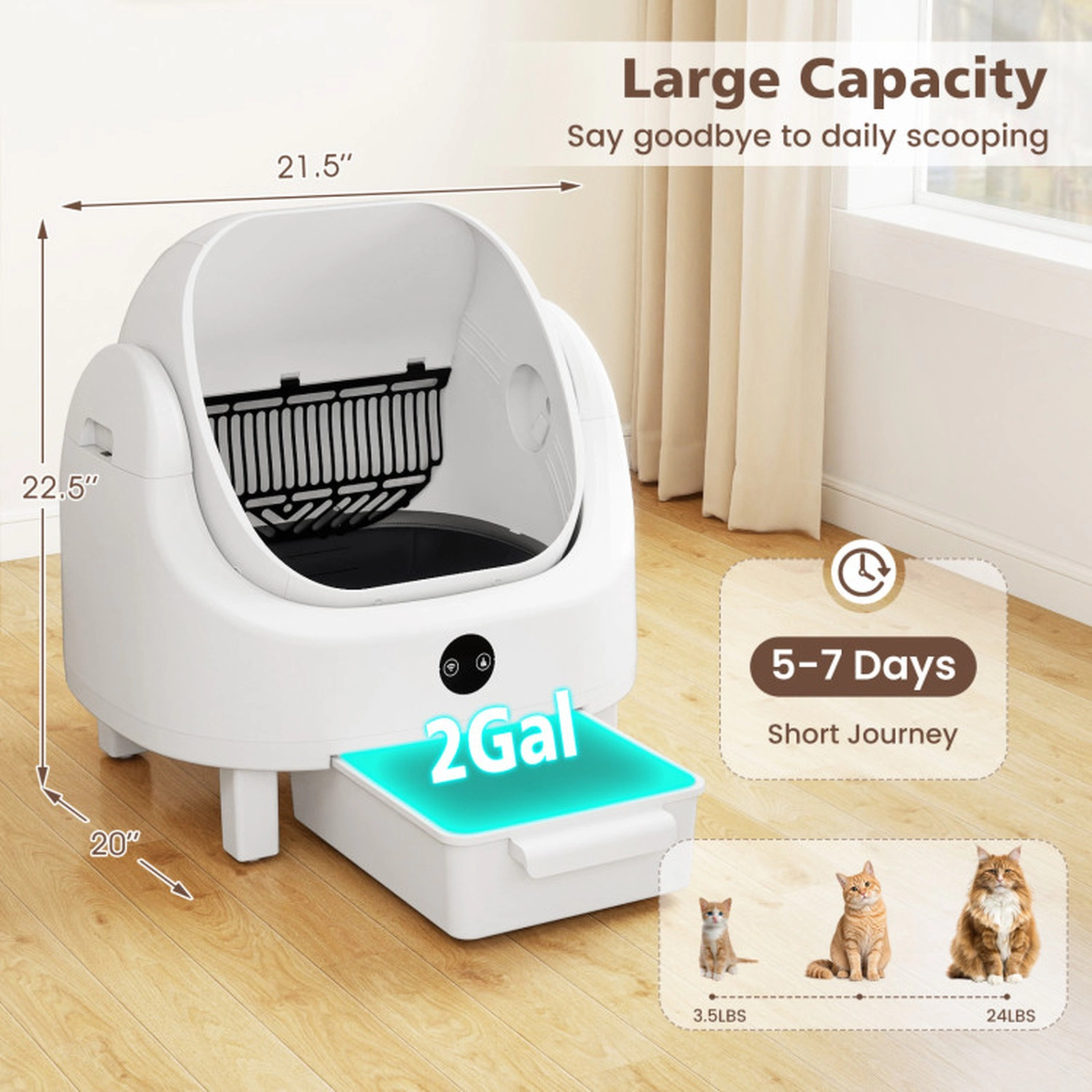 SUGIFT Open-Top Self-Cleaning Cat Litter Box with APP Control 3.5-24 lb Cats 2 Gal Waste Bin White