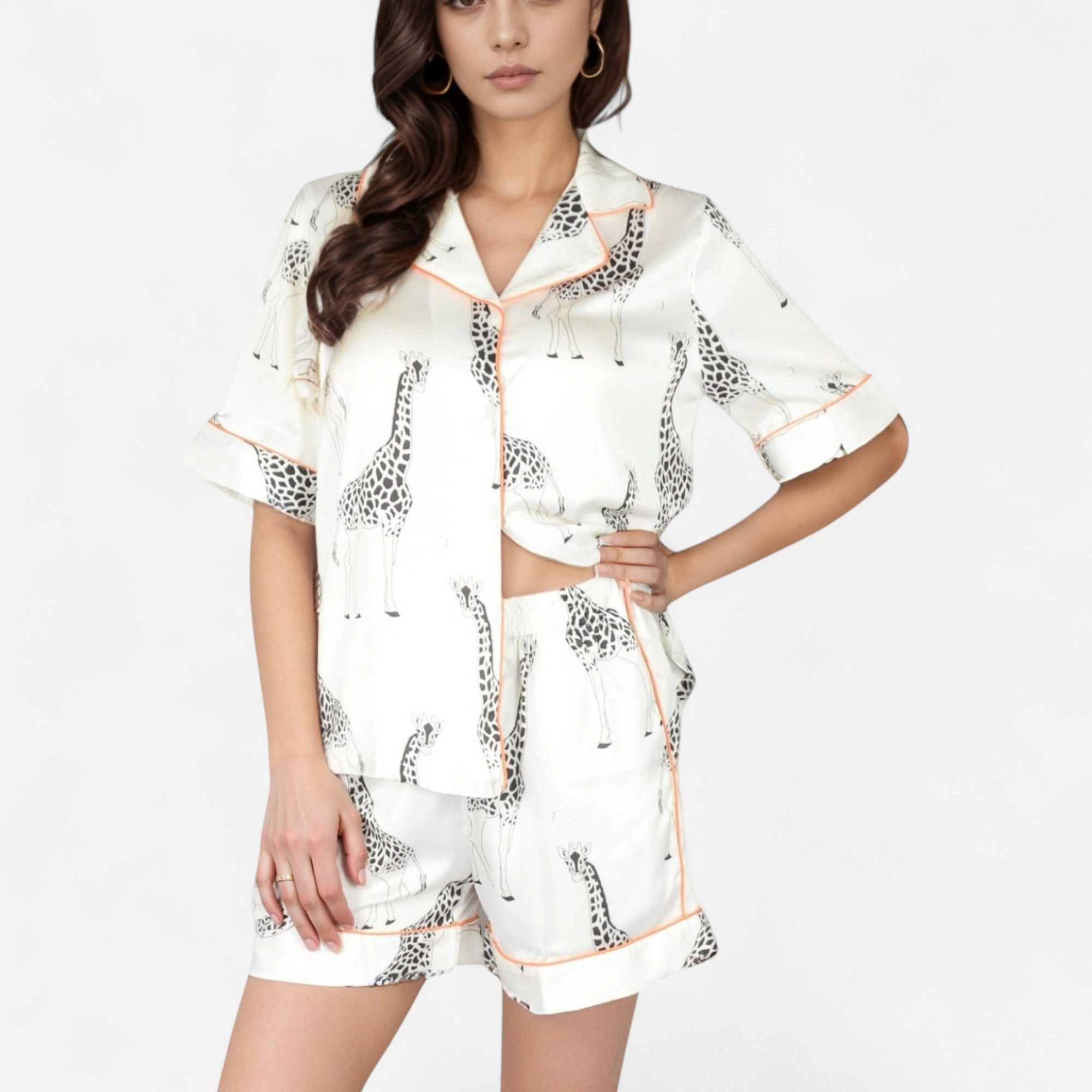 Anna-Kaci Women's Giraffe Print Pajama Set with Short Sleeve Button Down Top and Matching Elastic Waist Shorts