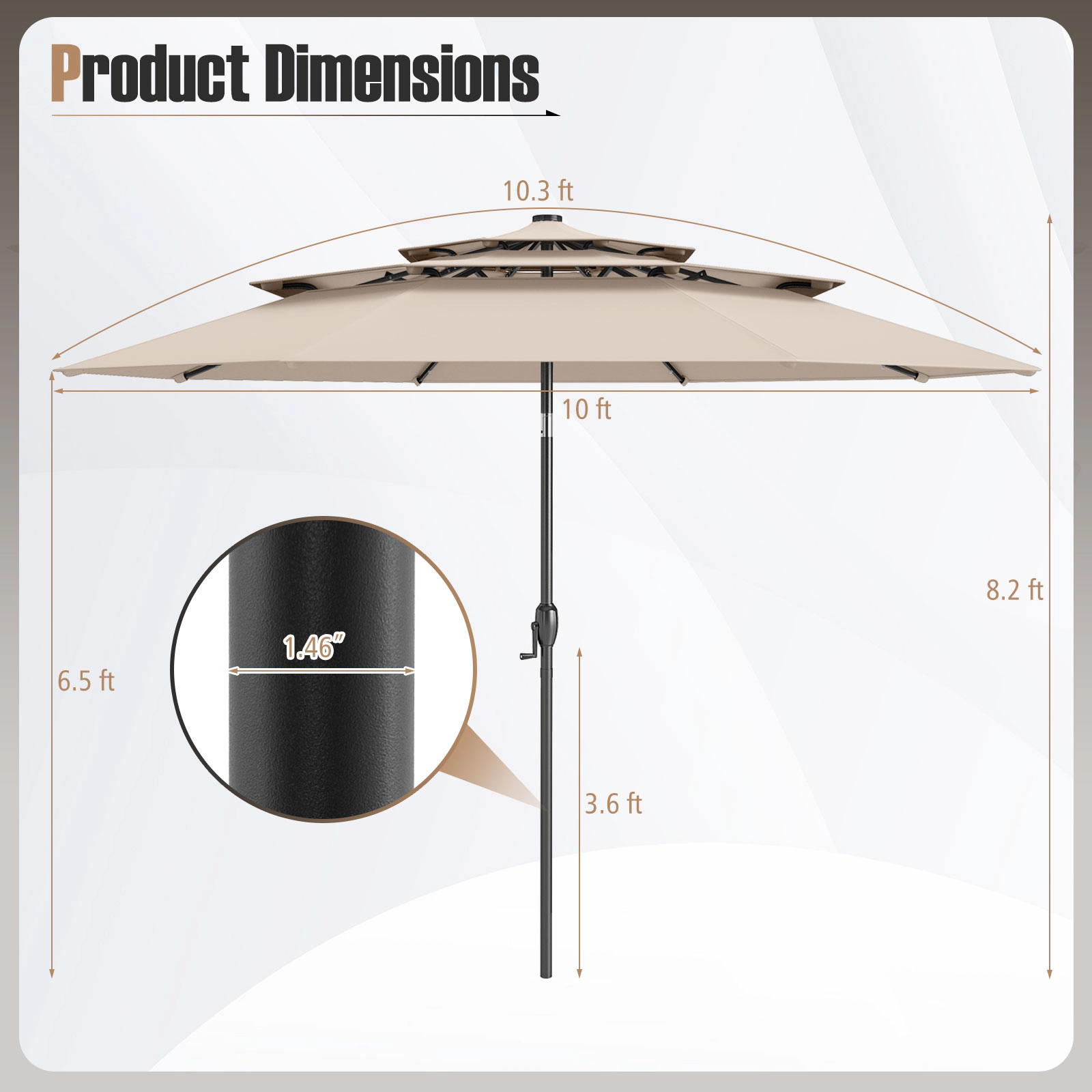 SUGIFT 3-Tier Vented Solar Patio Umbrella with 32 LED Lights 10.3 x 8.2 in Canopy 10-ft Interior Diameter Beige