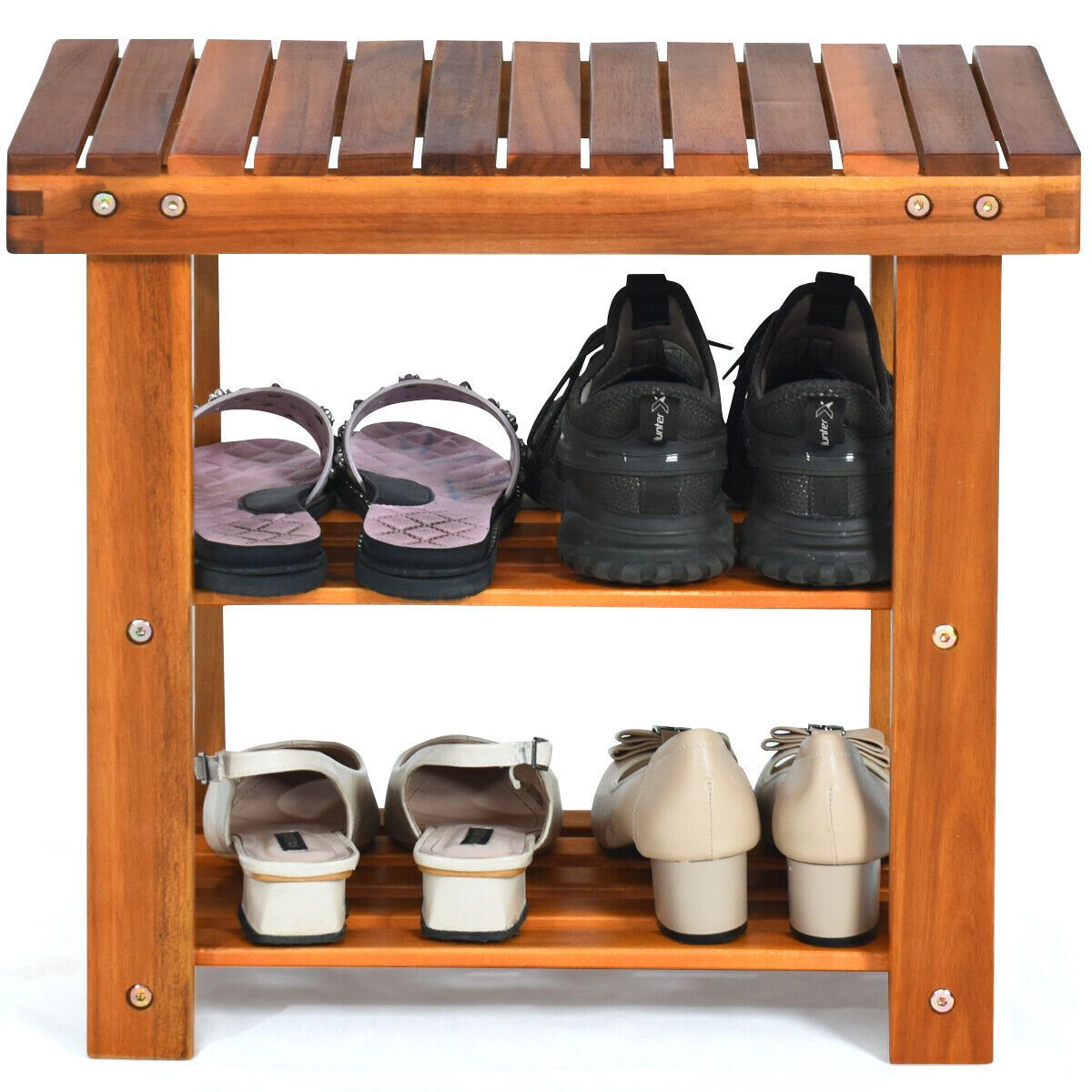 SlickBlue 3-Tier Shoe Rack Bench with Acacia Wood Storage Shelf