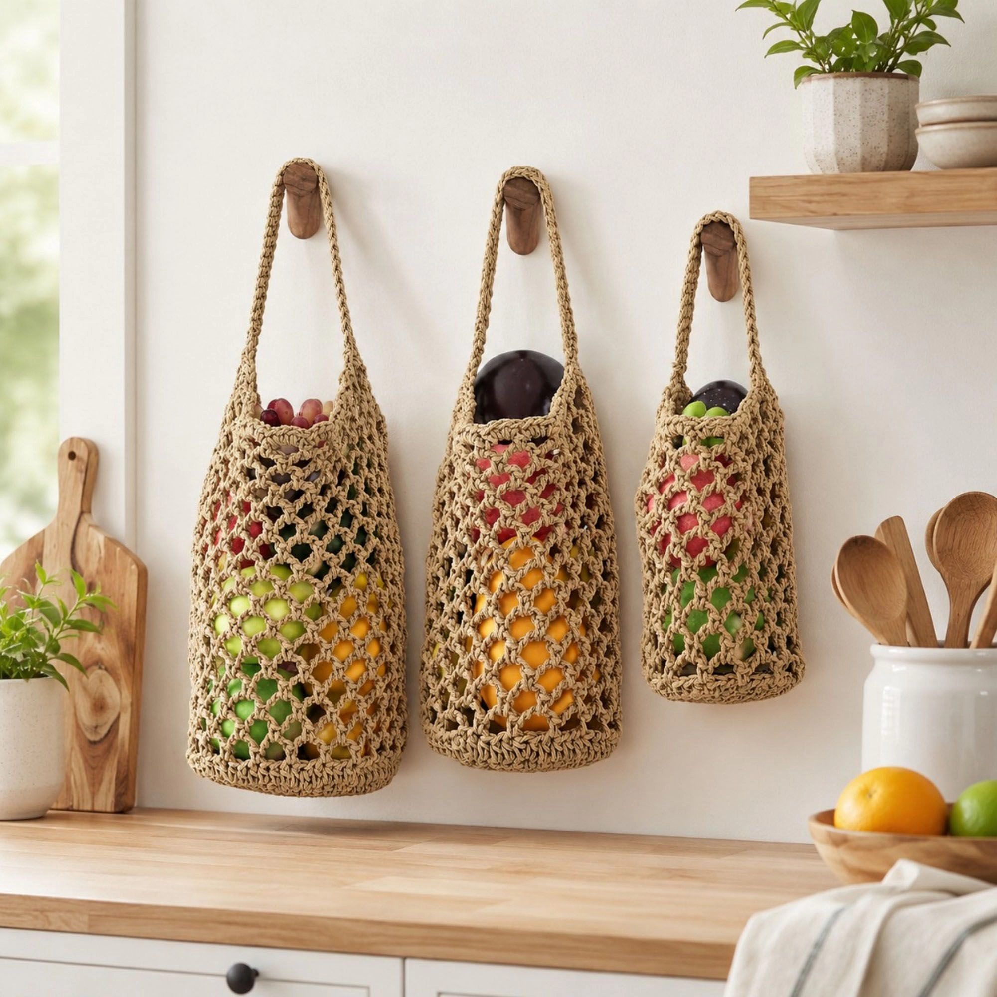 Alilang Women Macrame Hanging Produce Basket Set Woven Cotton Rope Storage Organizer