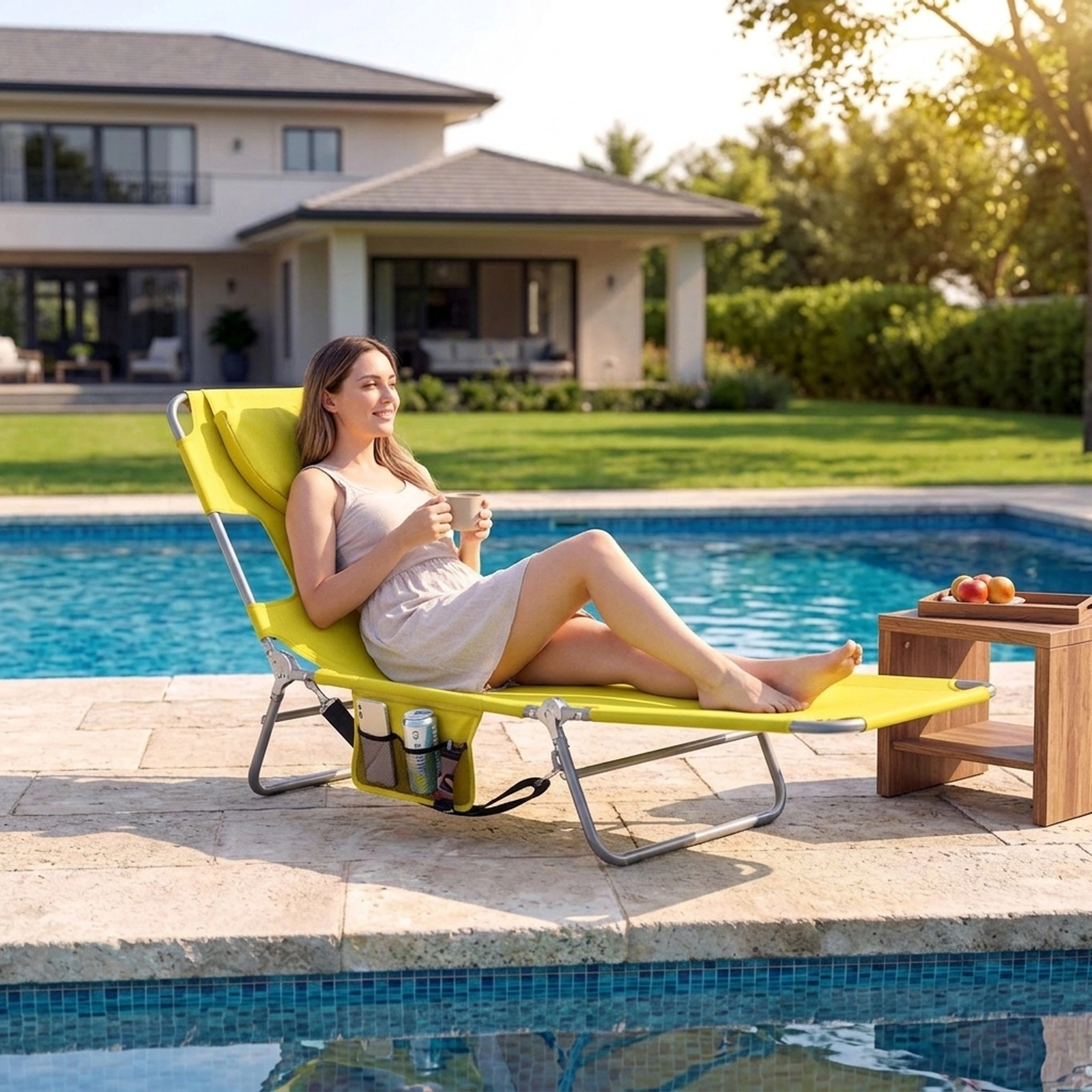 SUGIFT Folding Tanning Chair with Face and Arm Holes, 5-Position Backrest, Quick-Dry Yellow Fabric