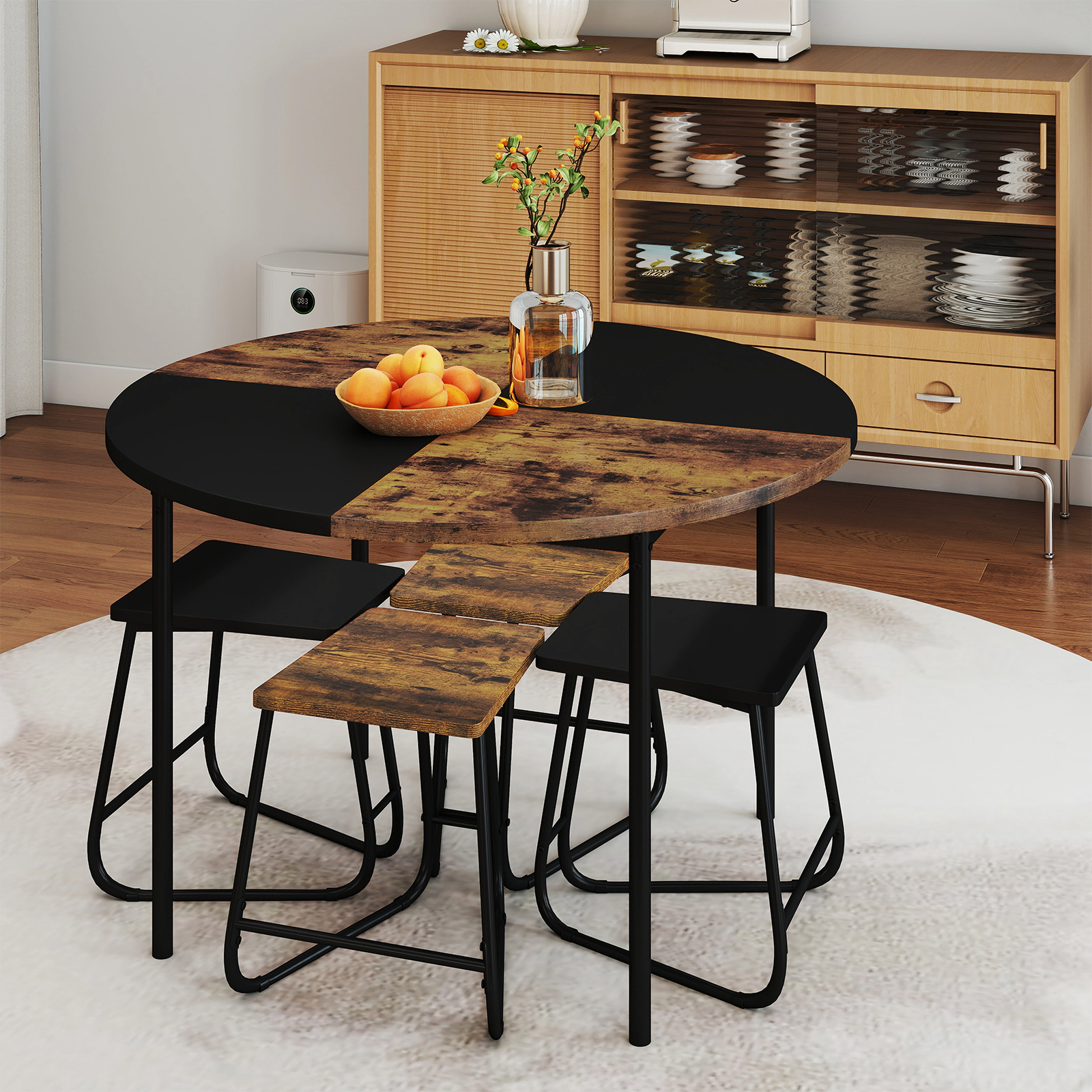 SUGIFT 5-Piece Round Dining Set with 47 x 30-in Table 210-lb Table 330-lb Stools for 4 Black and Brown