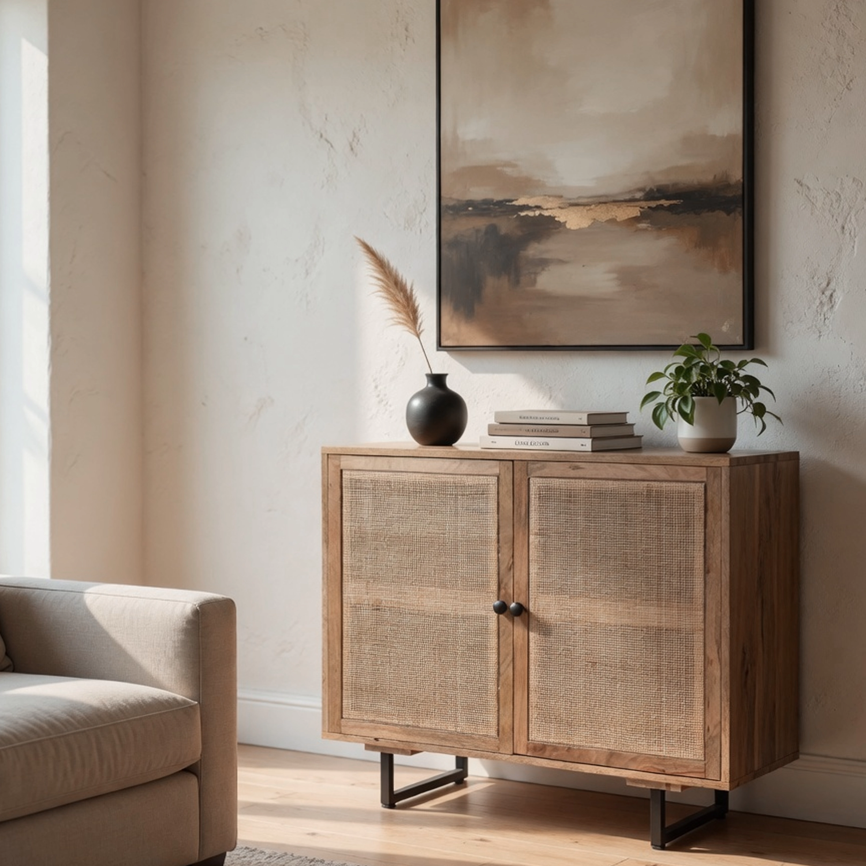 The Urban Port 35 Inch Handcrafted Accent Cabinet with 2 Mesh Rattan Doors, Black Iron Legs, Brown Mango Wood Frame
