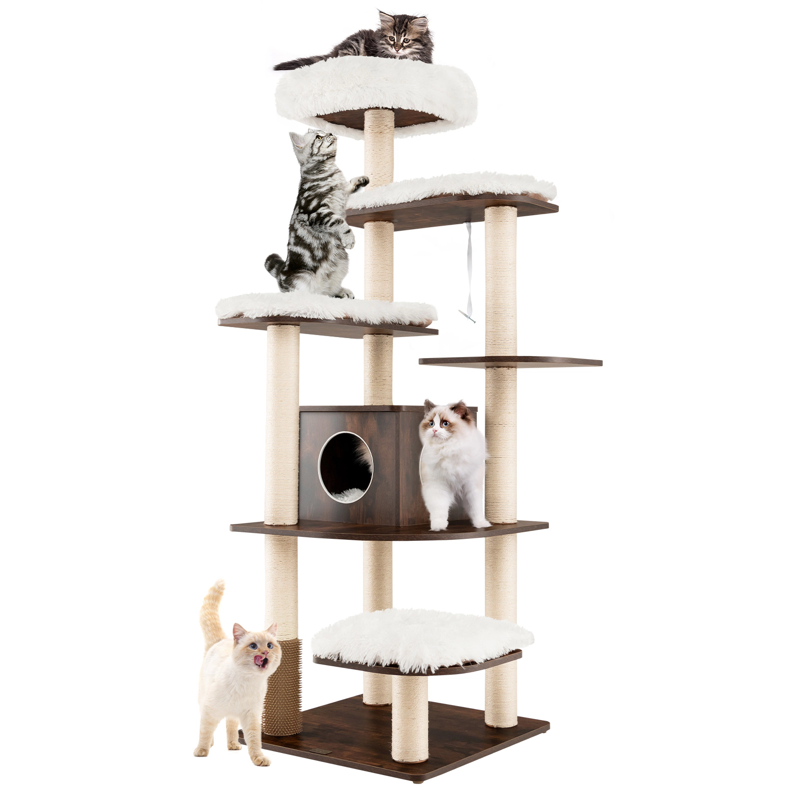 SUGIFT 71-in 7-Layer Wooden Cat Tree Tower with Self-Groomer Massage Comb Condo and Sisal Posts