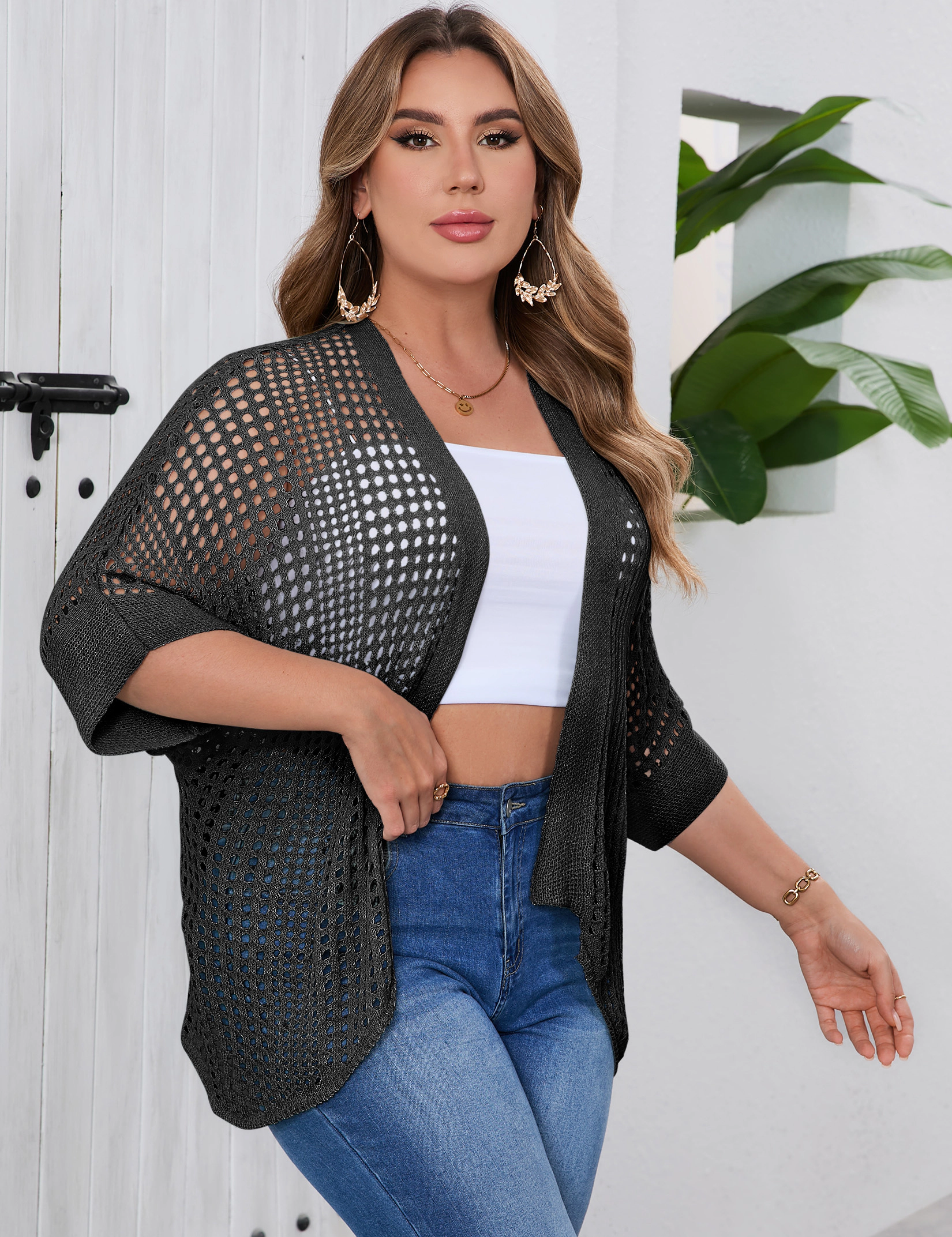KOJOOIN Women's Plus Hollow Knit Cardigan 3/4 Sleeve Open Front Knitted Shrug Sweater Tops