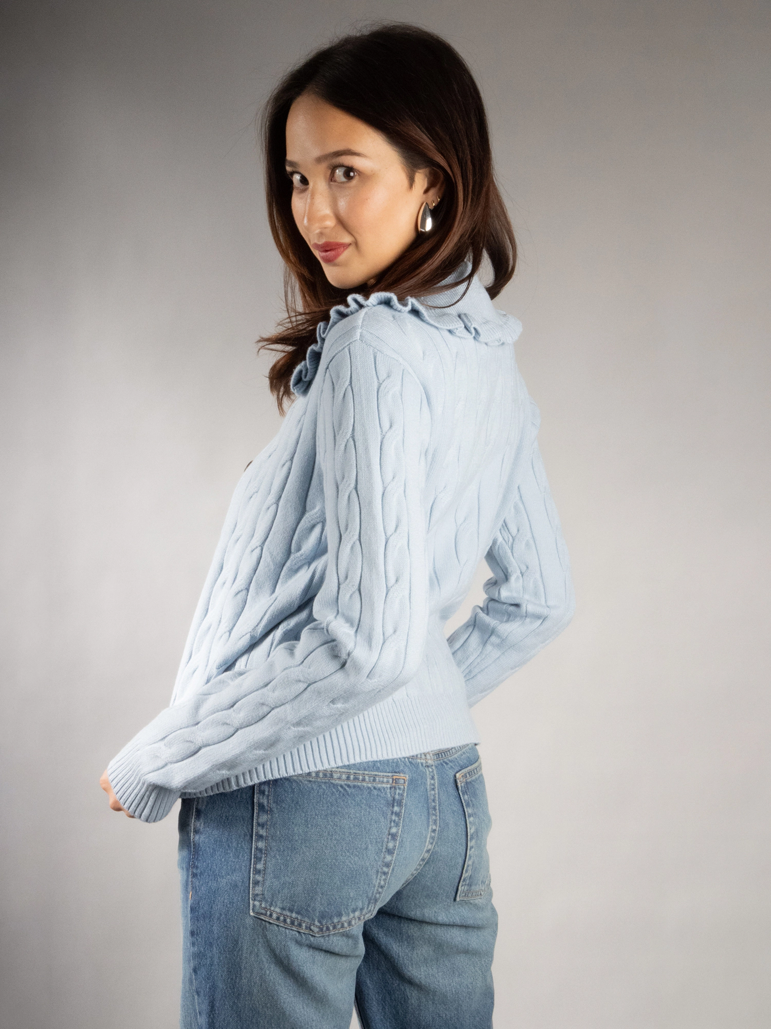JESS by Meiko Women's Ruffle Collar Cable Knit Cardigan