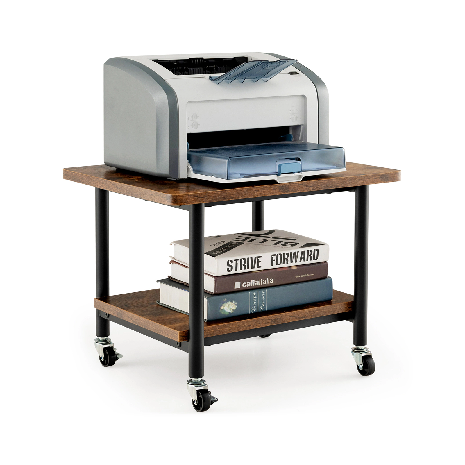 SUGIFT 2-Tier Lockable 360-Degree Casters Metal Frame Under Desk Printer Stand 19.5-in x 16-in x 15-in 143-lb Brown