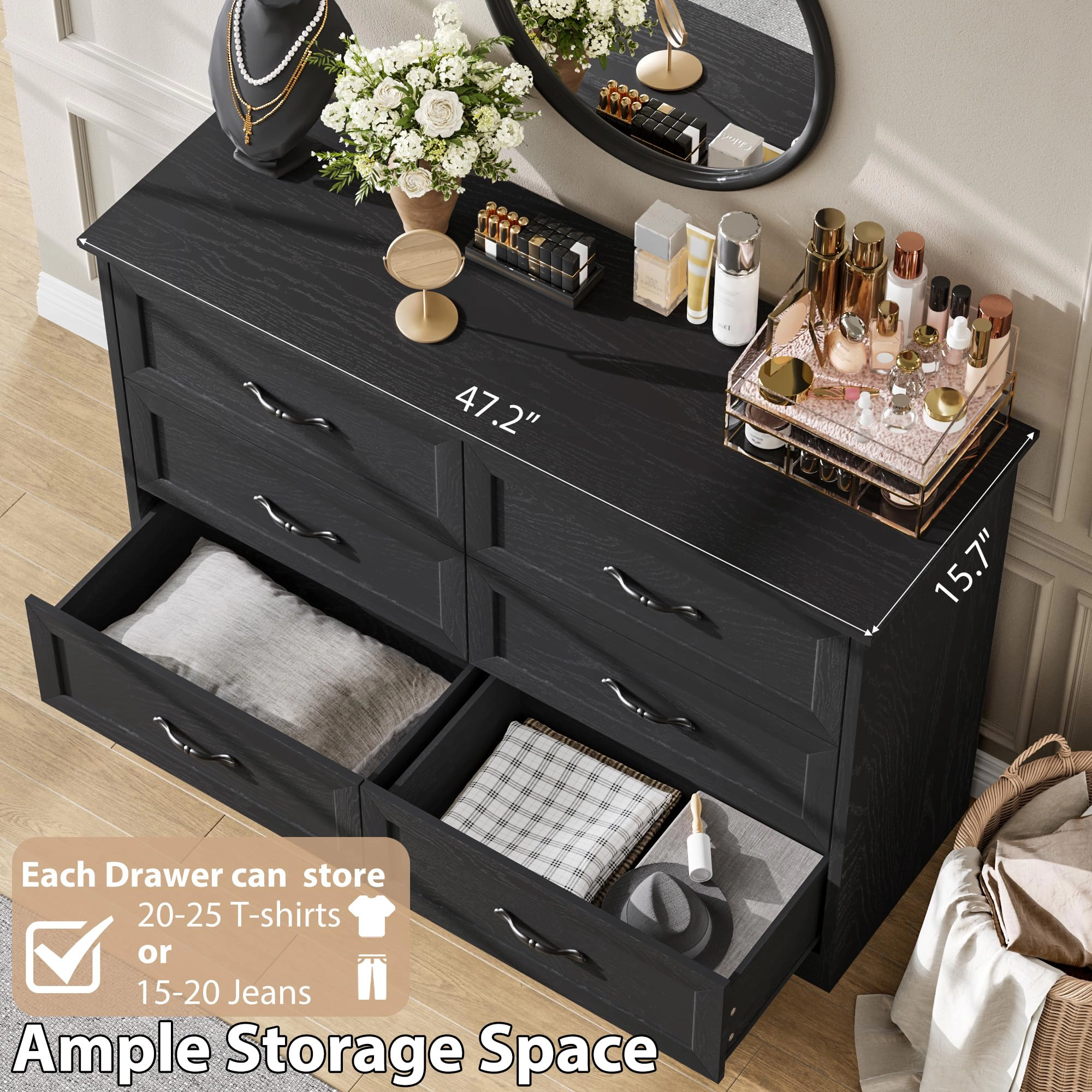 Farmhouse 6 Drawer Dresser with Metal Handles, 47.2" Wide Wooden Storage Cabinet for Bedroom