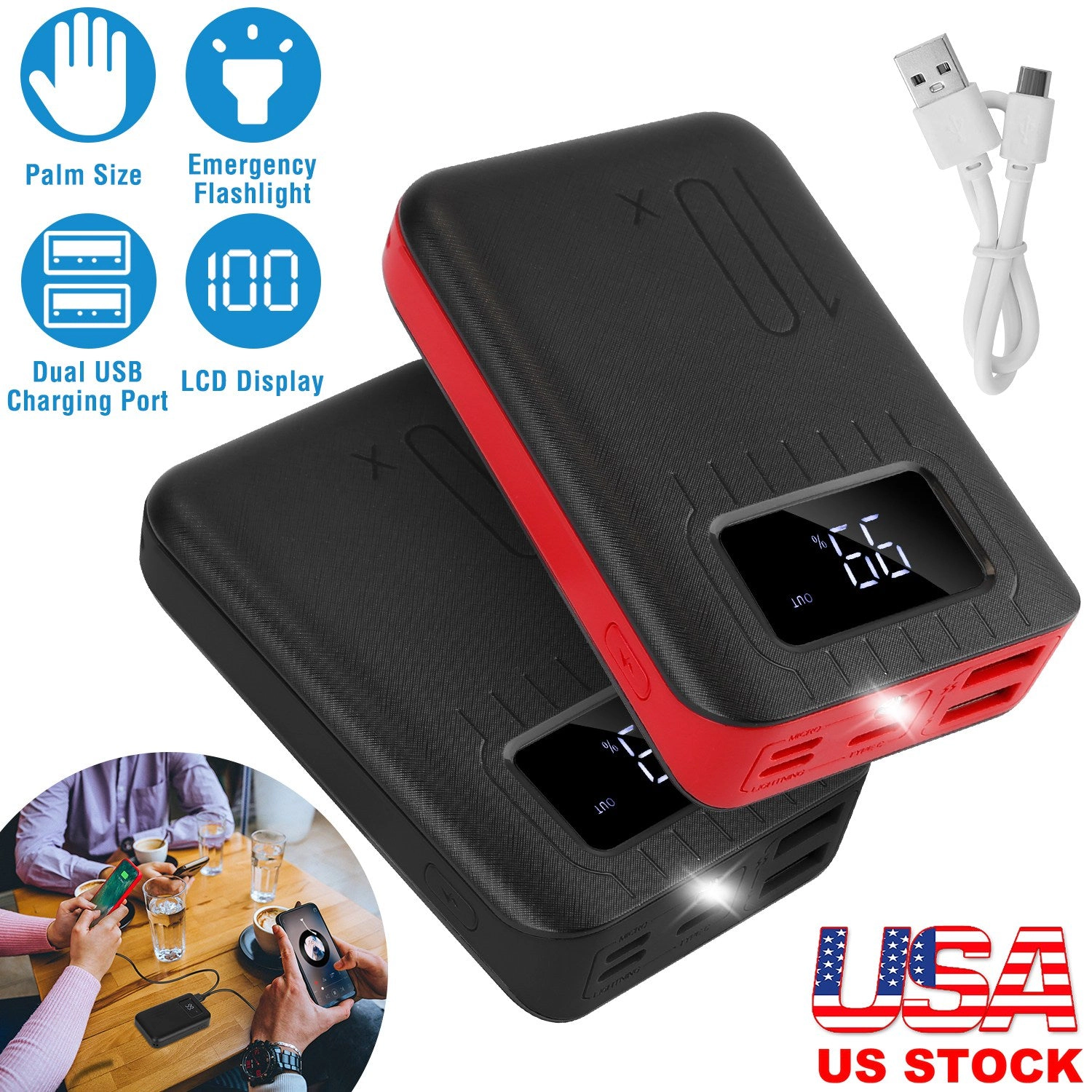 GBruno 10000mAh Dual-Port Power Bank With LCD Display