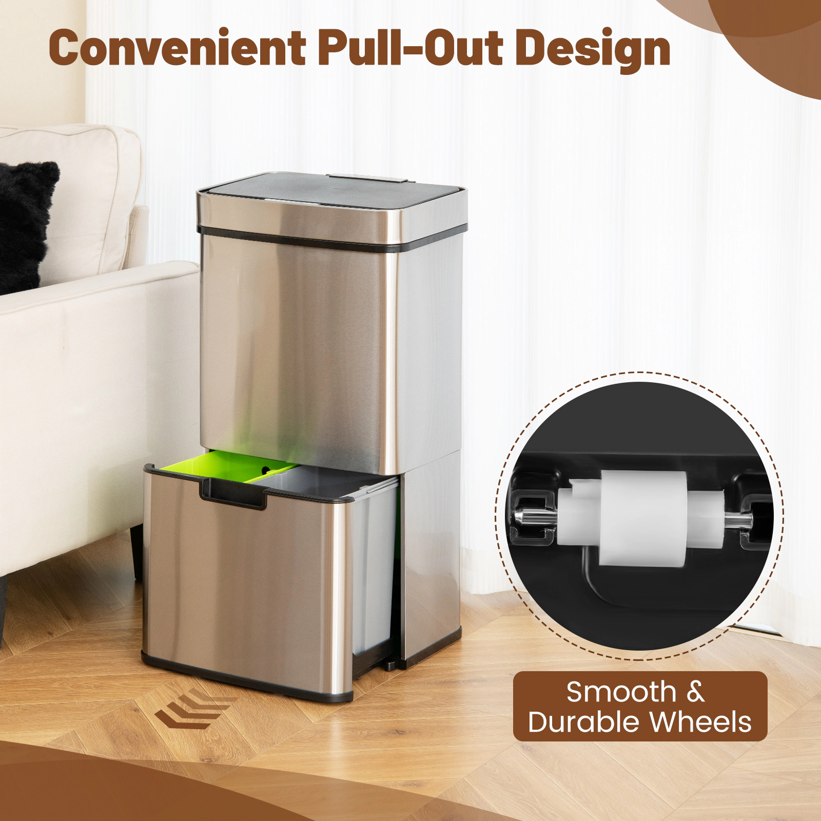 SUGIFT 19-Gal Stainless Steel Soft Close Sensor Trash Can with Detachable 1-Gal Waste Bin and 2 Recycling Bins