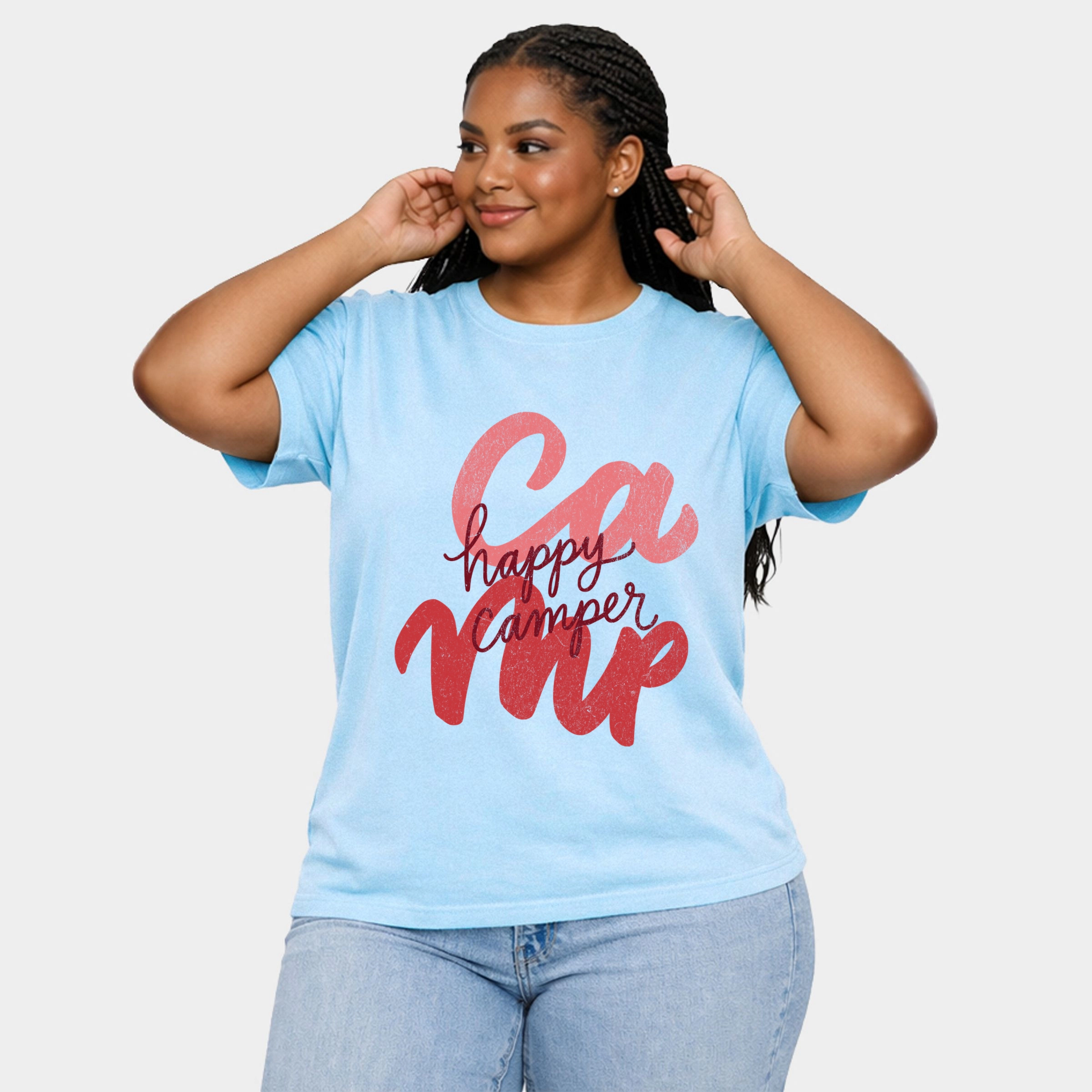 Simply Sage Market - Happy Camper Cursive Women's Plus Sized Garment Dyed Graphic T-Shirt
