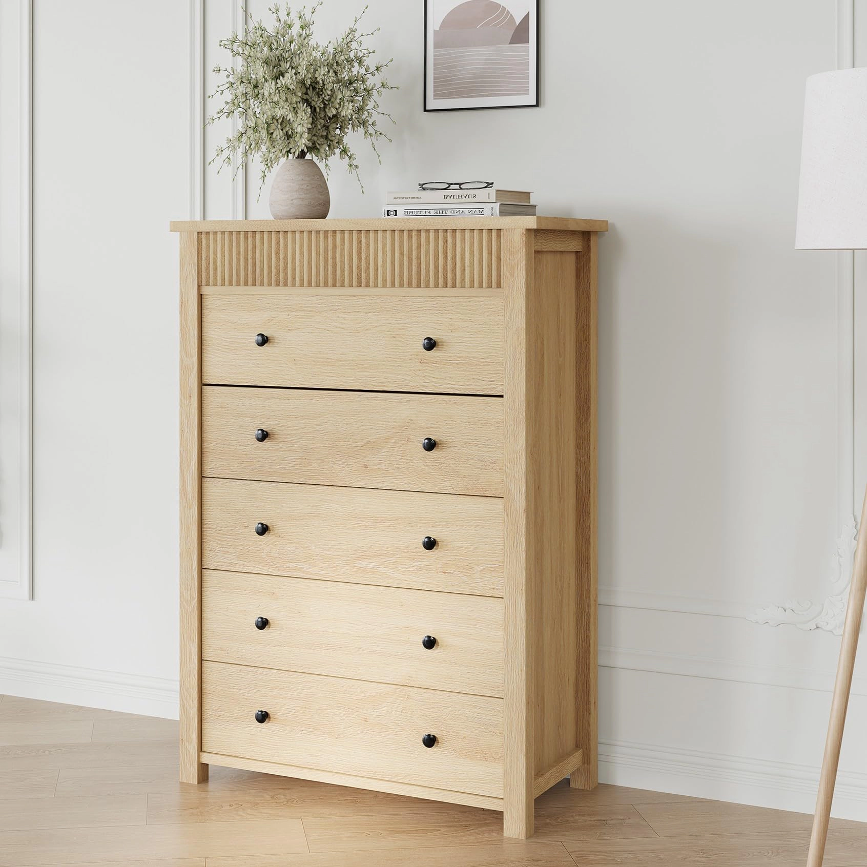 Modern Fluted 5 Drawer Tall Dresser, 31.5" Wide Wooden Storage Chest for Bedroom