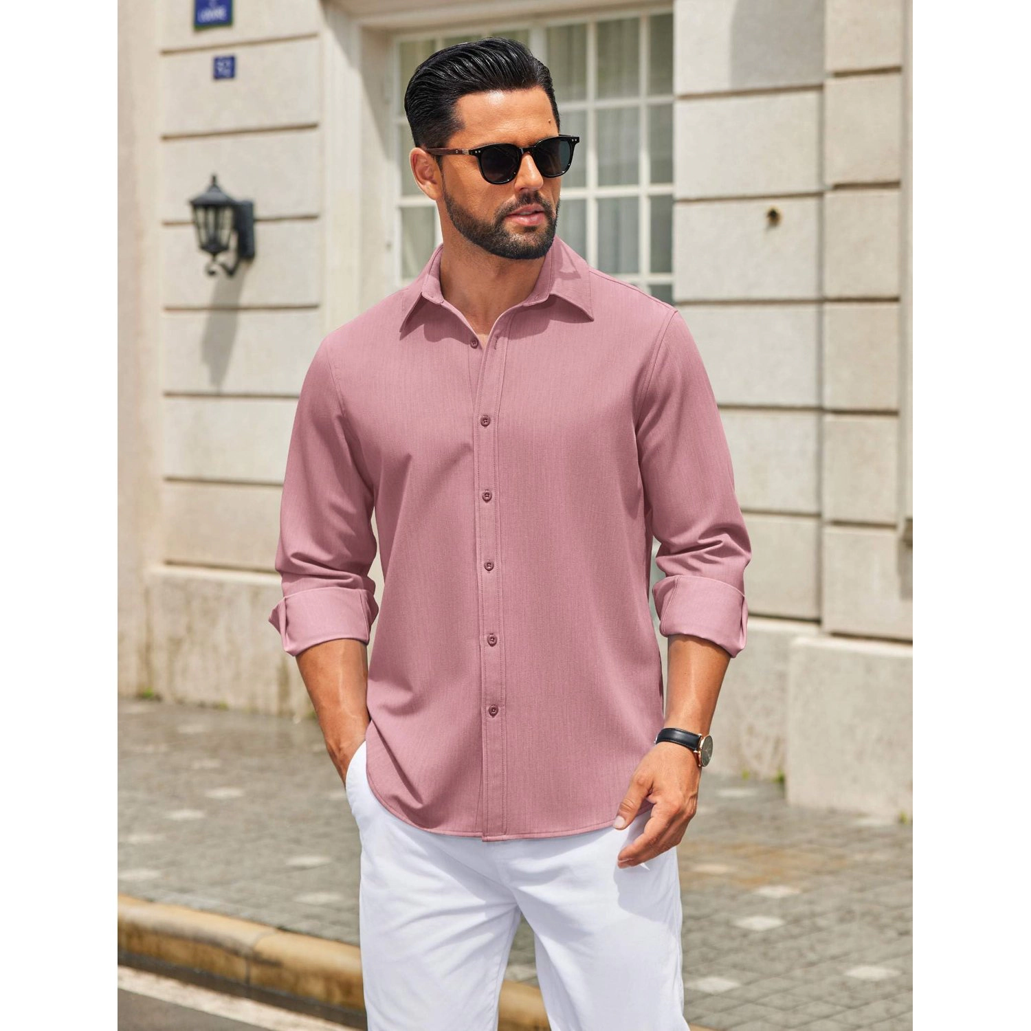 COOFANDY Mens Lavender Long Sleeve Dress Shirt Point Collar Button Up Casual Top