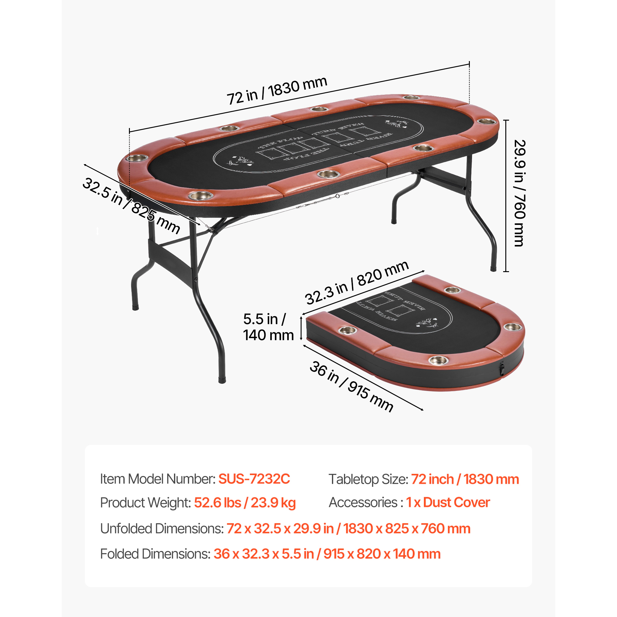 HONGGE Foldable Poker Table Player Folding Casino Leisure Table with Padded Rails and Cup Holders Oval Portable Game