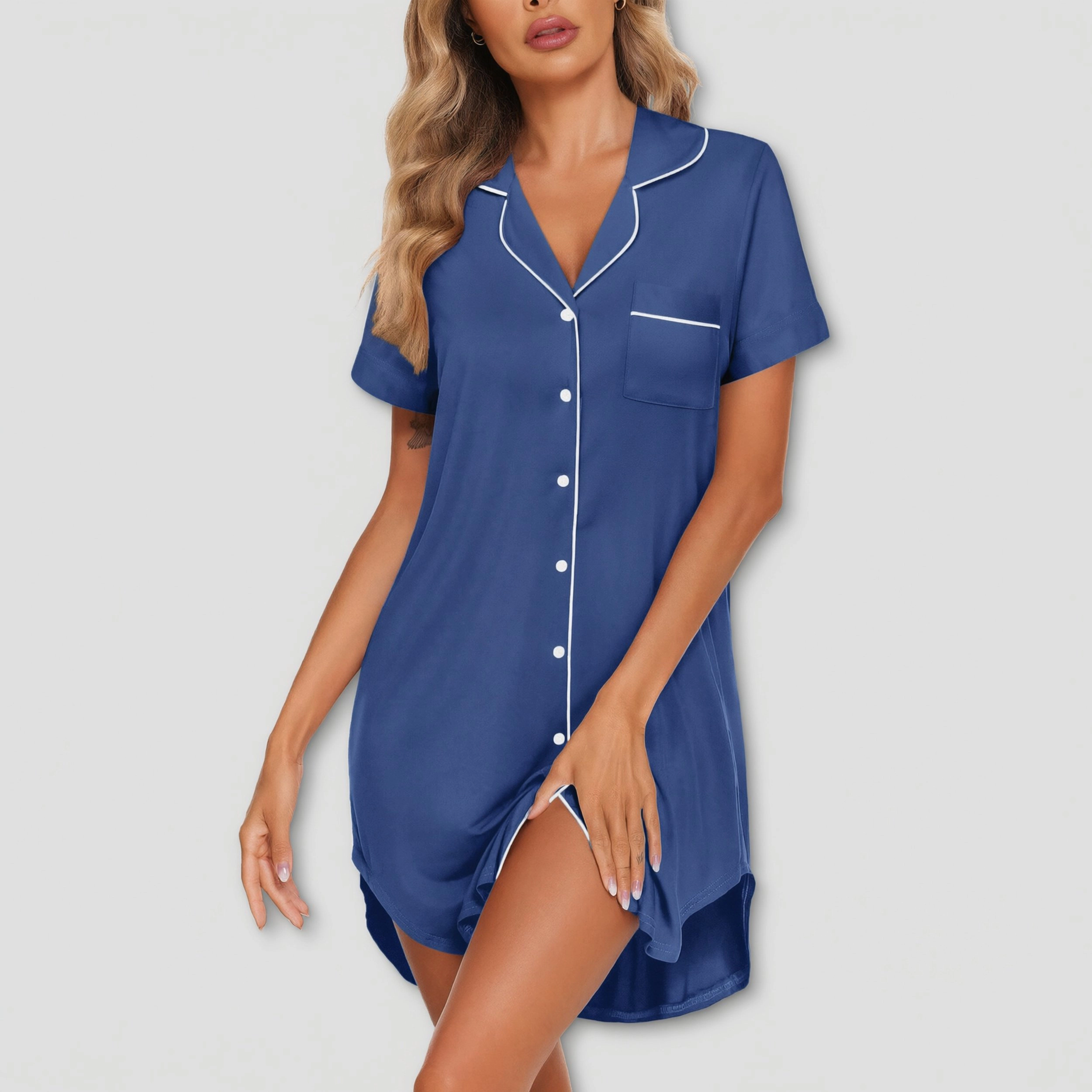 Ekouaer Women's V-Neck Short Sleeve Button Front Loose Sleepshirt Nightgown