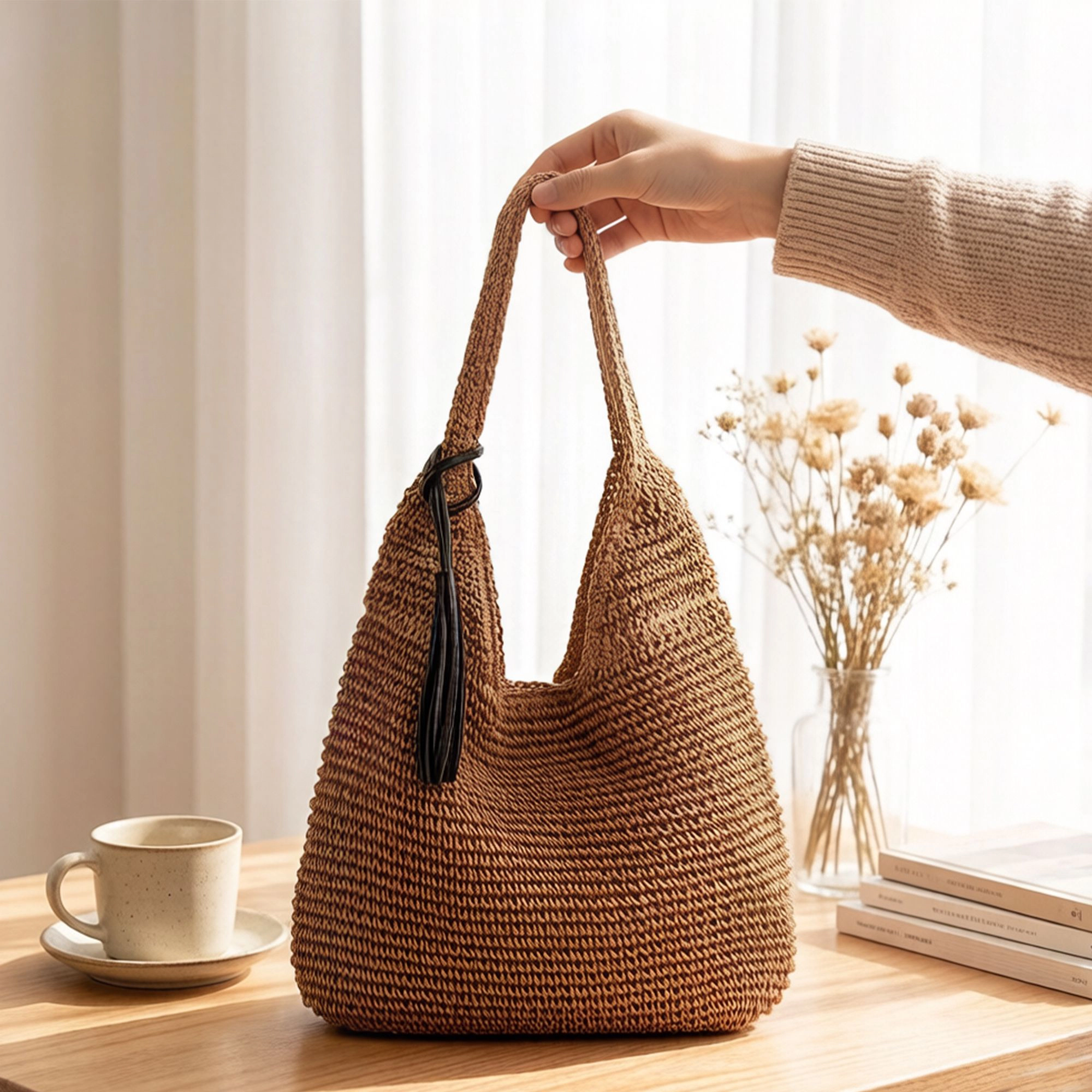 Alilang Women's Woven Hobo Shoulder Bag with Magnetic Snap Closure and Tassel Accent