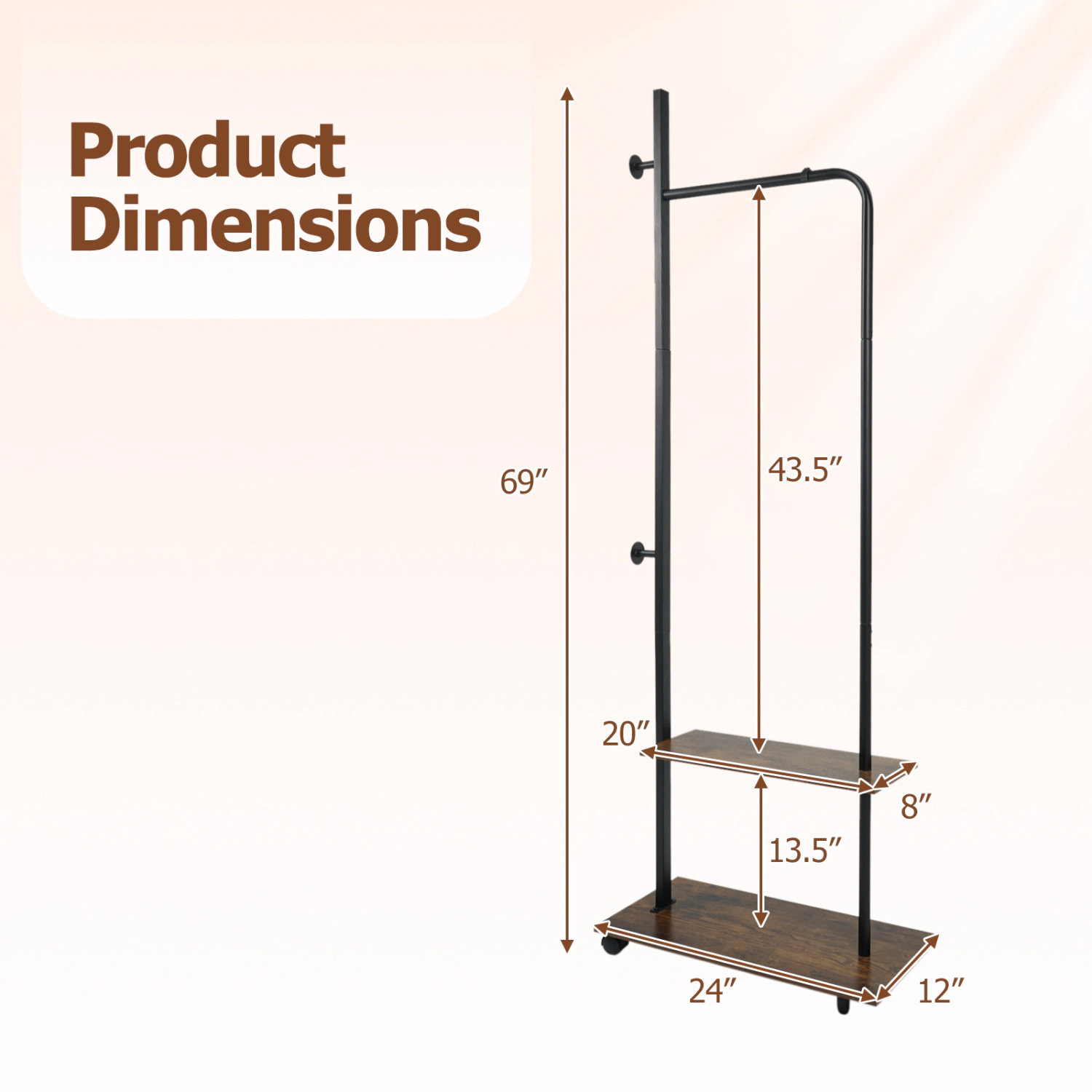 SUGIFT Clothing Rack with Hanging Rod, Side Hooks and Storage Shelves 120-lb Capacity with Wheels Rustic Brown+