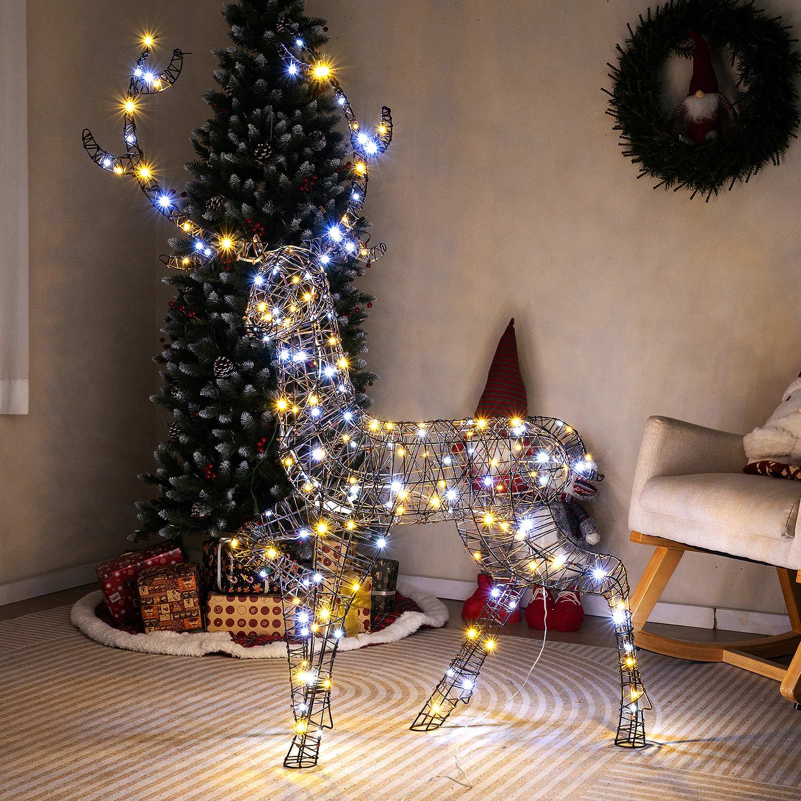 SUGIFT Brown 4.6-ft Pre-Lit PE Rattan Christmas Reindeer Deer with 170 Cold and Warm LED Lights