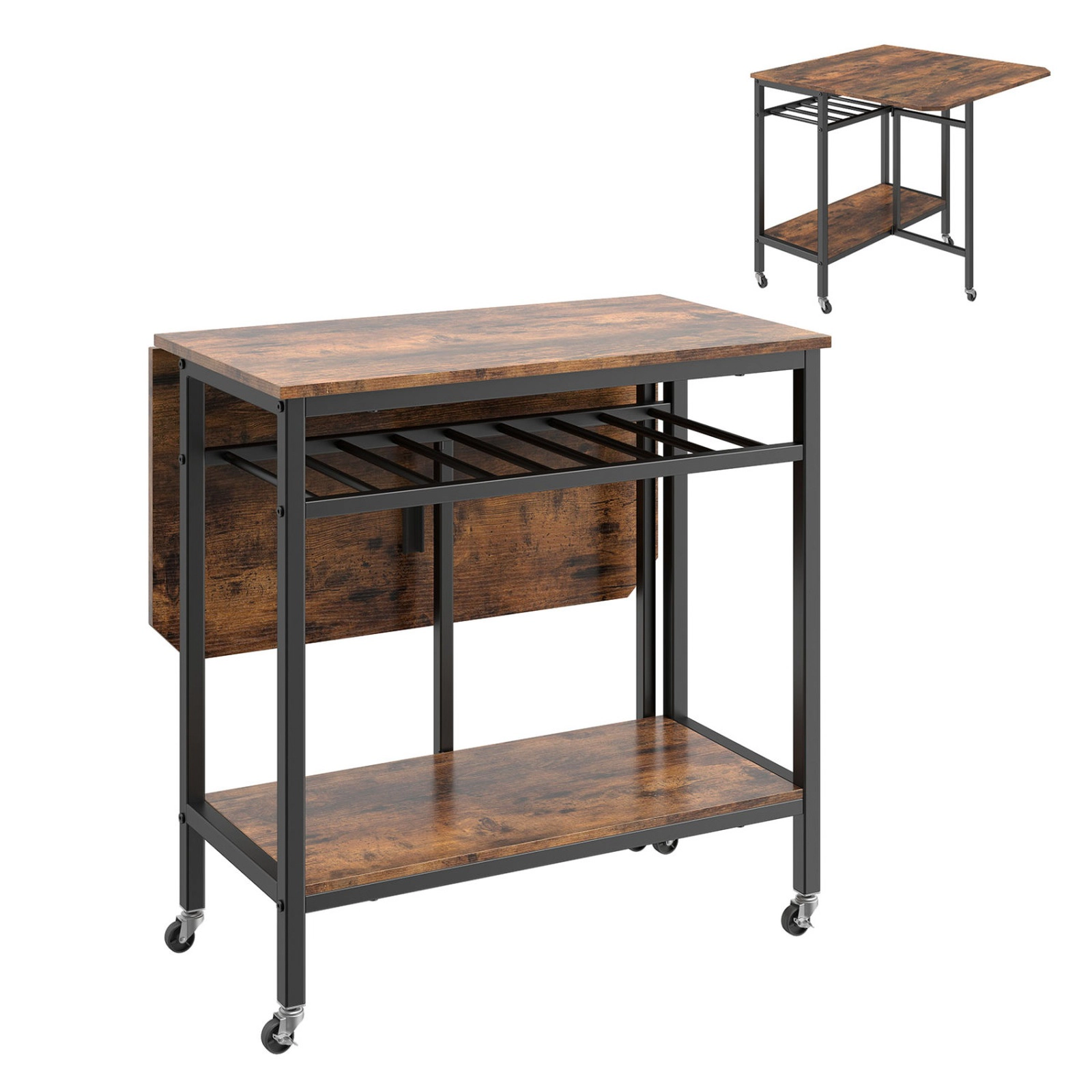 SUGIFT Rolling Drop-Leaf Dining Table with Wine Rack and Locking Casters