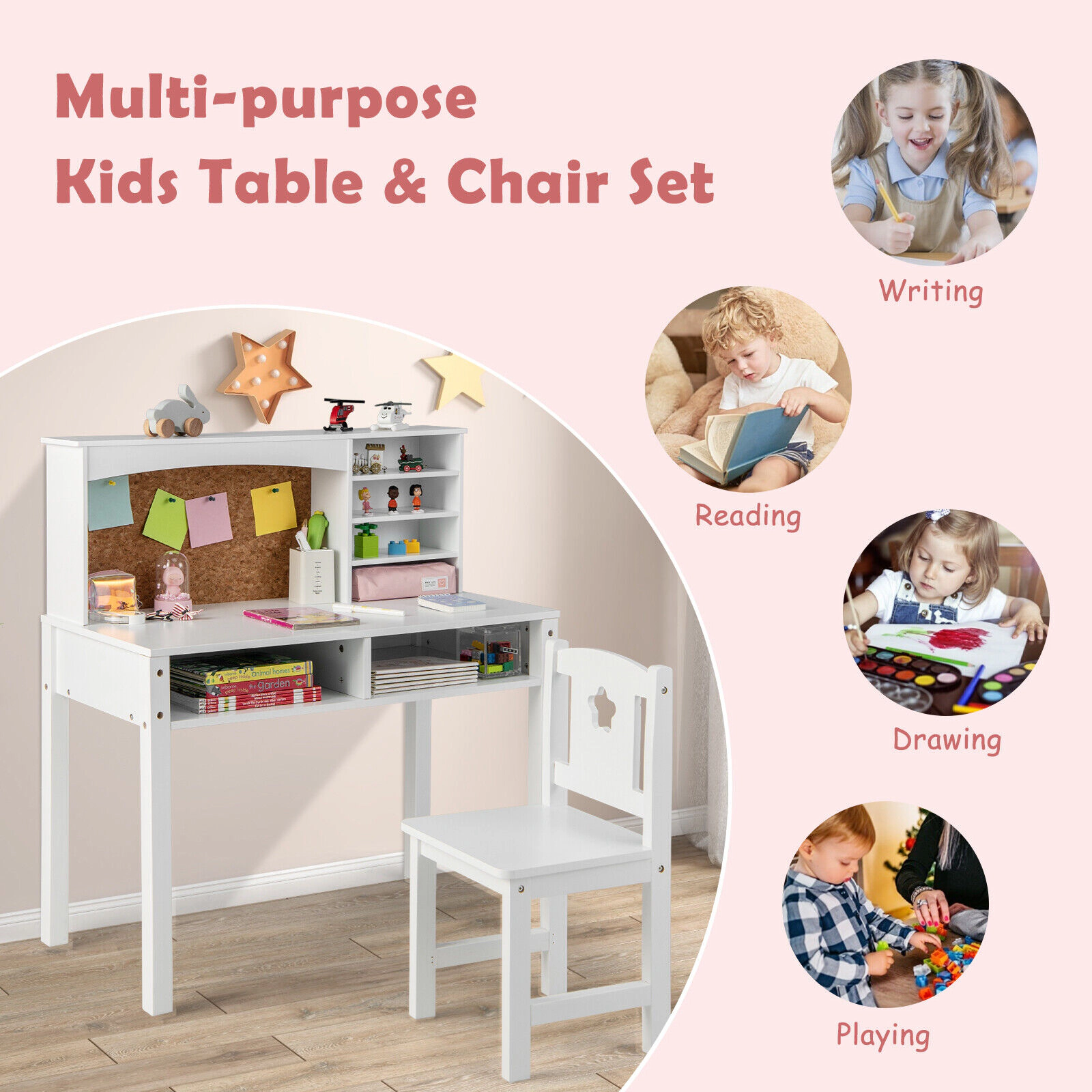 SUGIFT White Kids Desk and Chair Set with Hutch, Cork Board and 2 Drawers