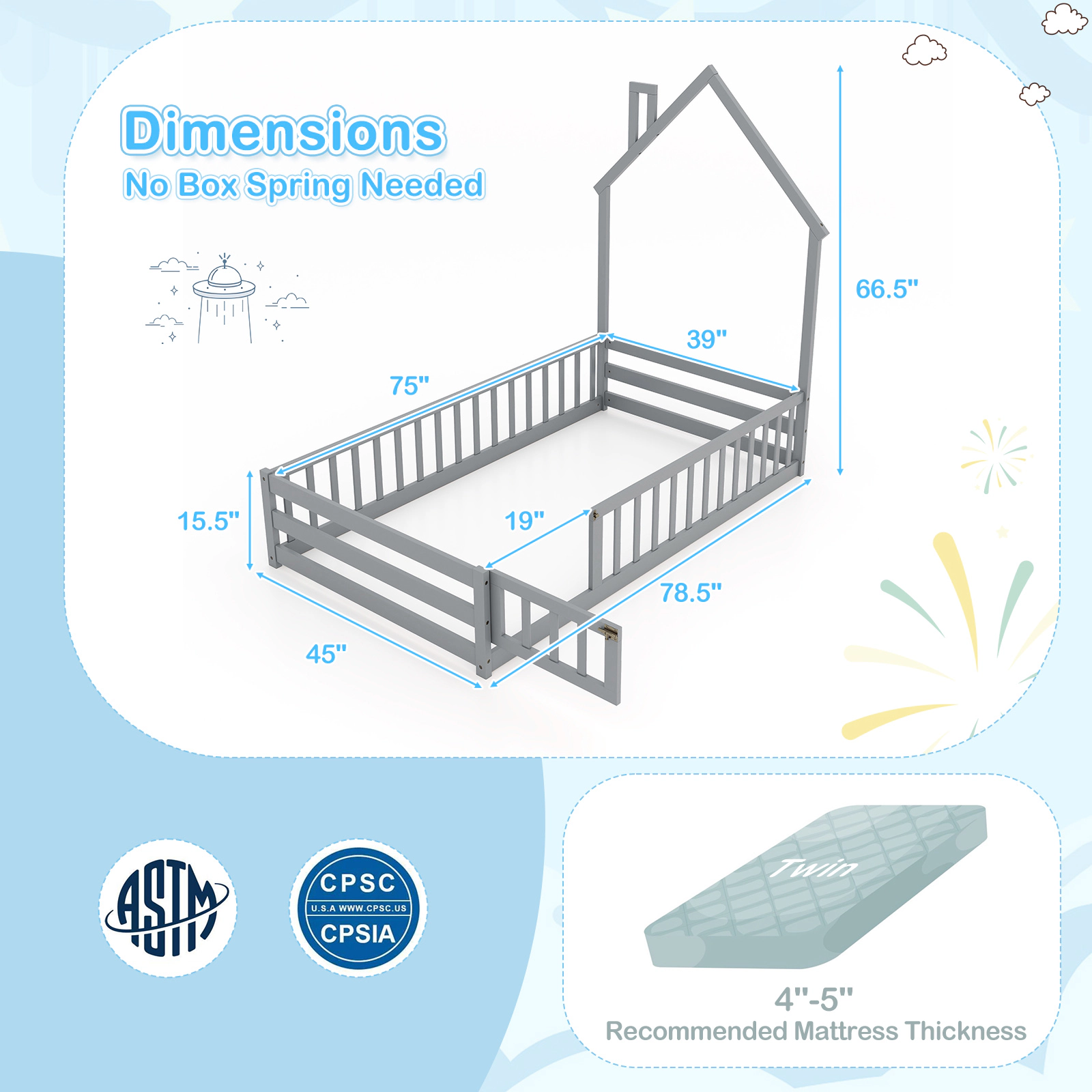 SUGIFT House-Shaped Twin Size Montessori Floor Bed with Lockable Door and Full-Length Guardrail Gray/White