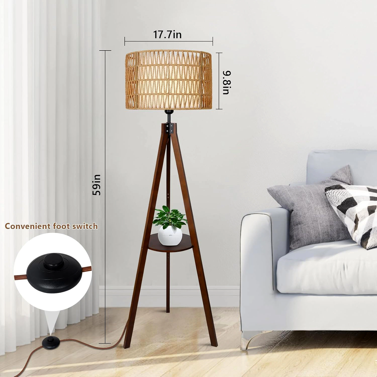 Mega Casa 59'' Tall Boho Tripod Floor Lamp with Wooden Shelf, Standing Lamp with Hand-Woven Rattan Shade