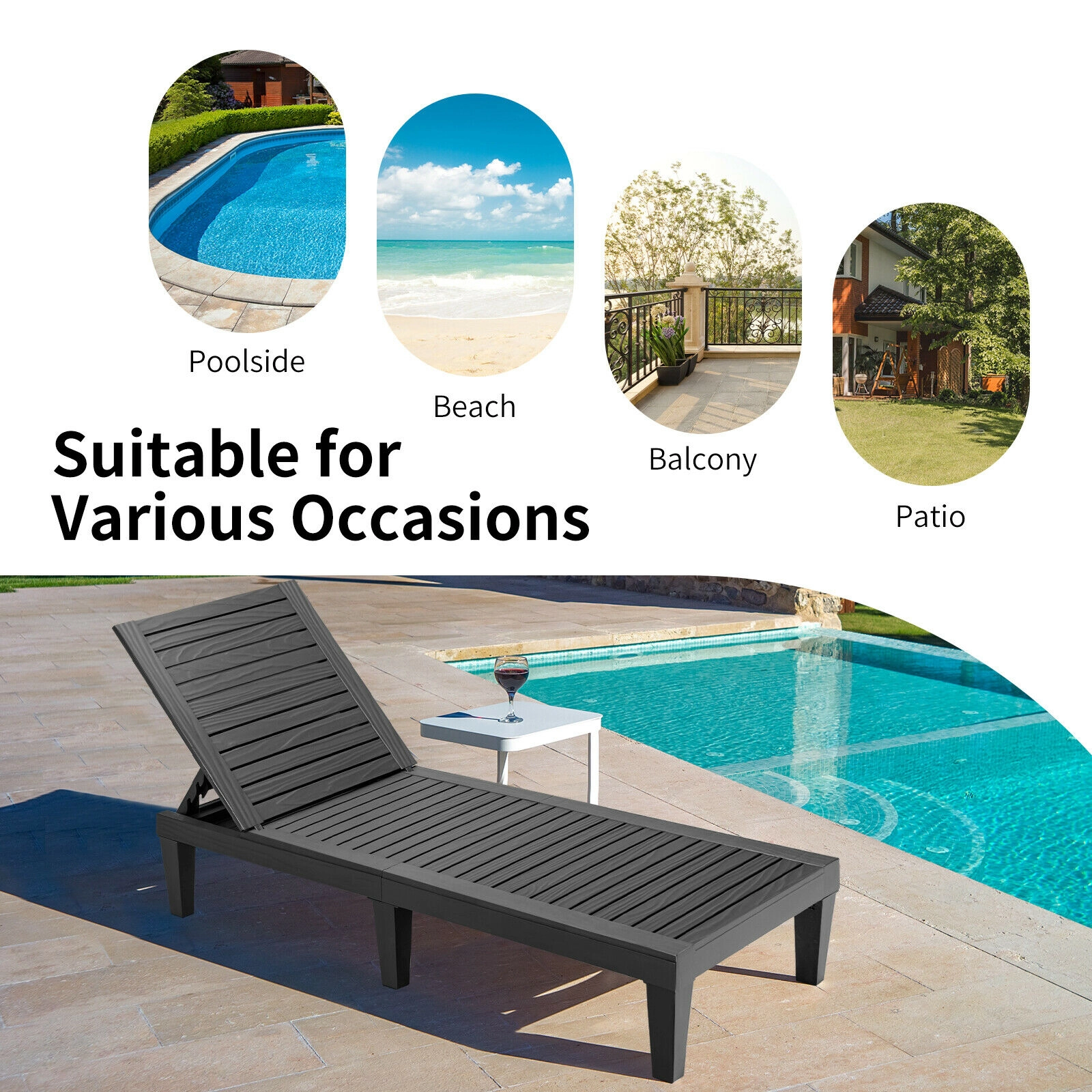 SUGIFT Outdoor Recliner Chaise Lounge Chair with 5-Position Adjustable Backrest 400-Lb Capacity Black