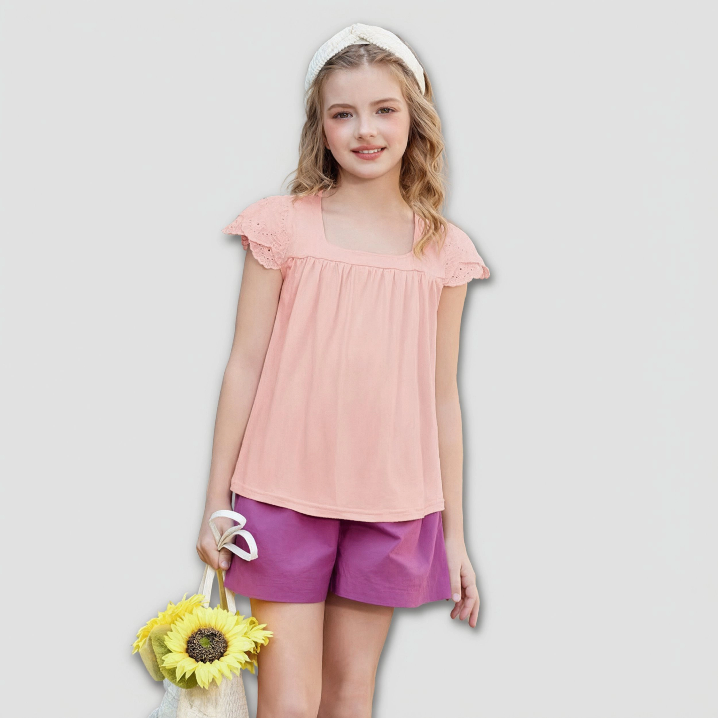 Arshiner Girls Shirts Short Sleeve Square Neck Summer Lace Openwork Pleated Tops Blouse Tunic