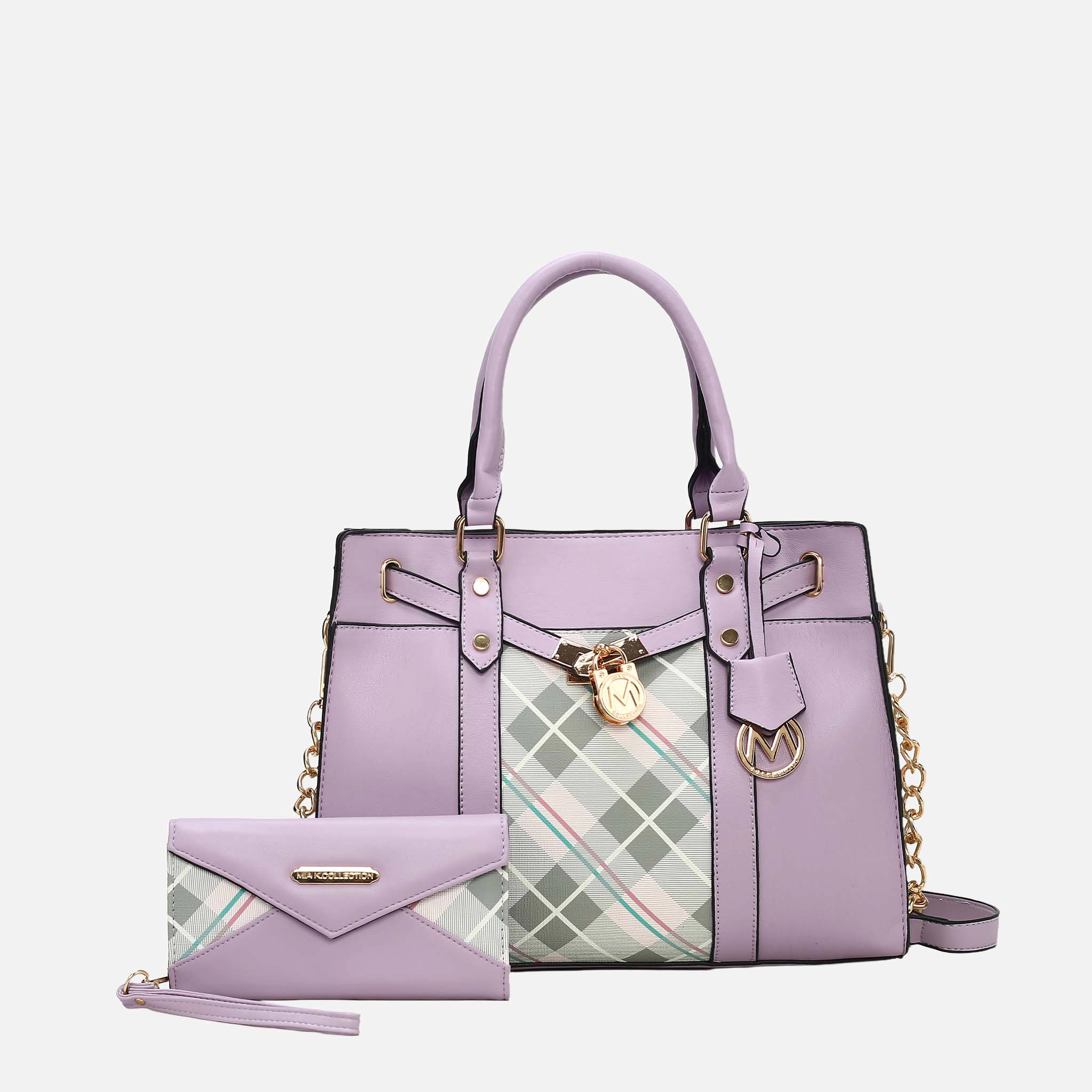 MKF Collection by Mia K Christine Satchel Bag with Wristlet Wallet, Plaid Vegan Leather Lavender