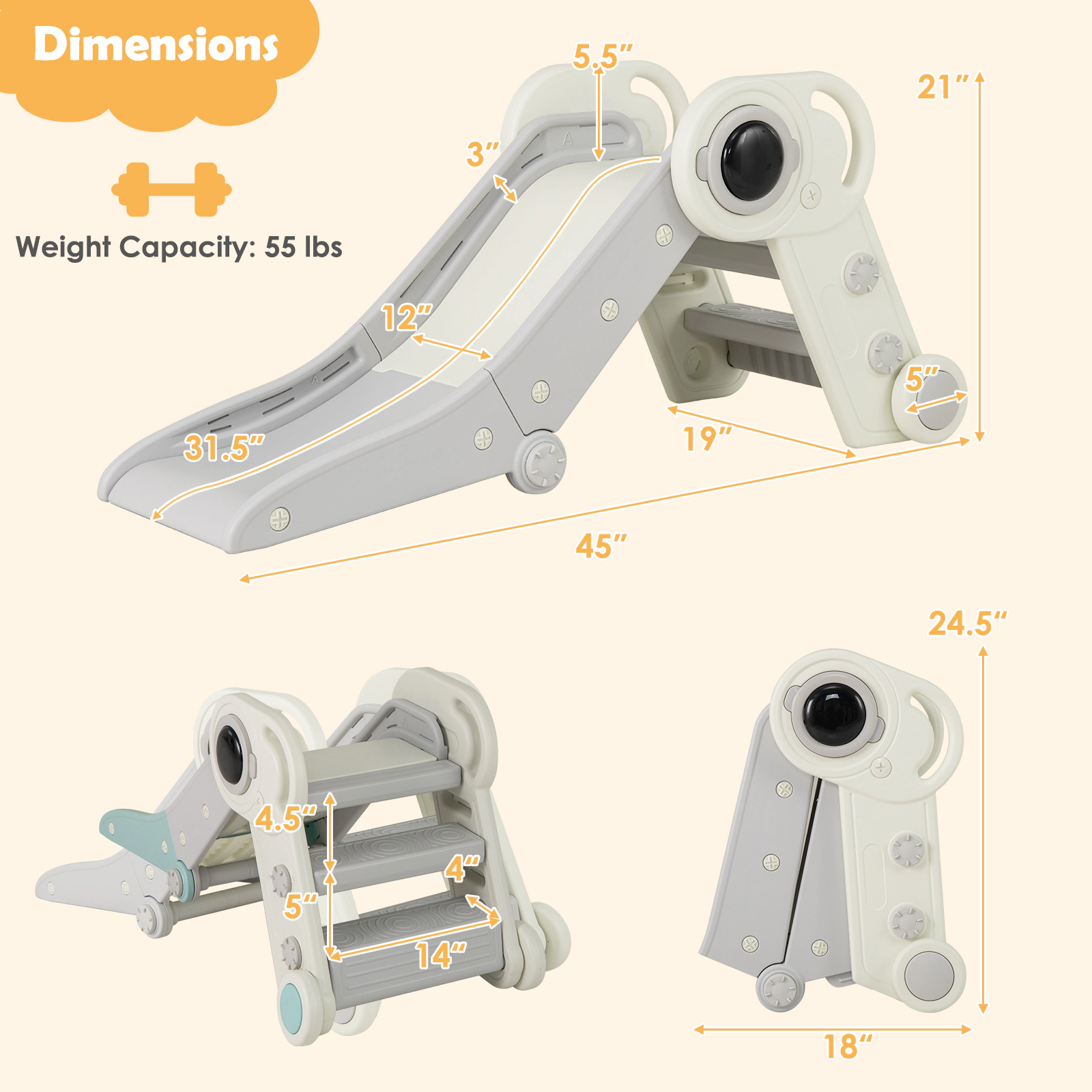 SUGIFT Gray 18 Months and Up 2 in 1 Baby Slide and Climber