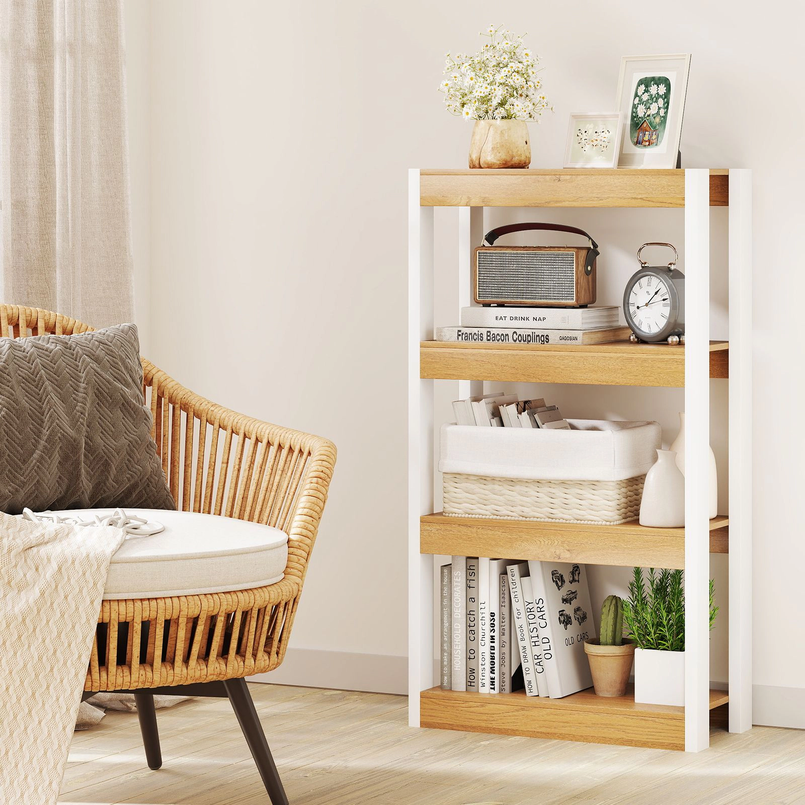 SlickBlue 4 Tier Bookshelf with Wooden Shelves and Anti-Tip Safety Kits