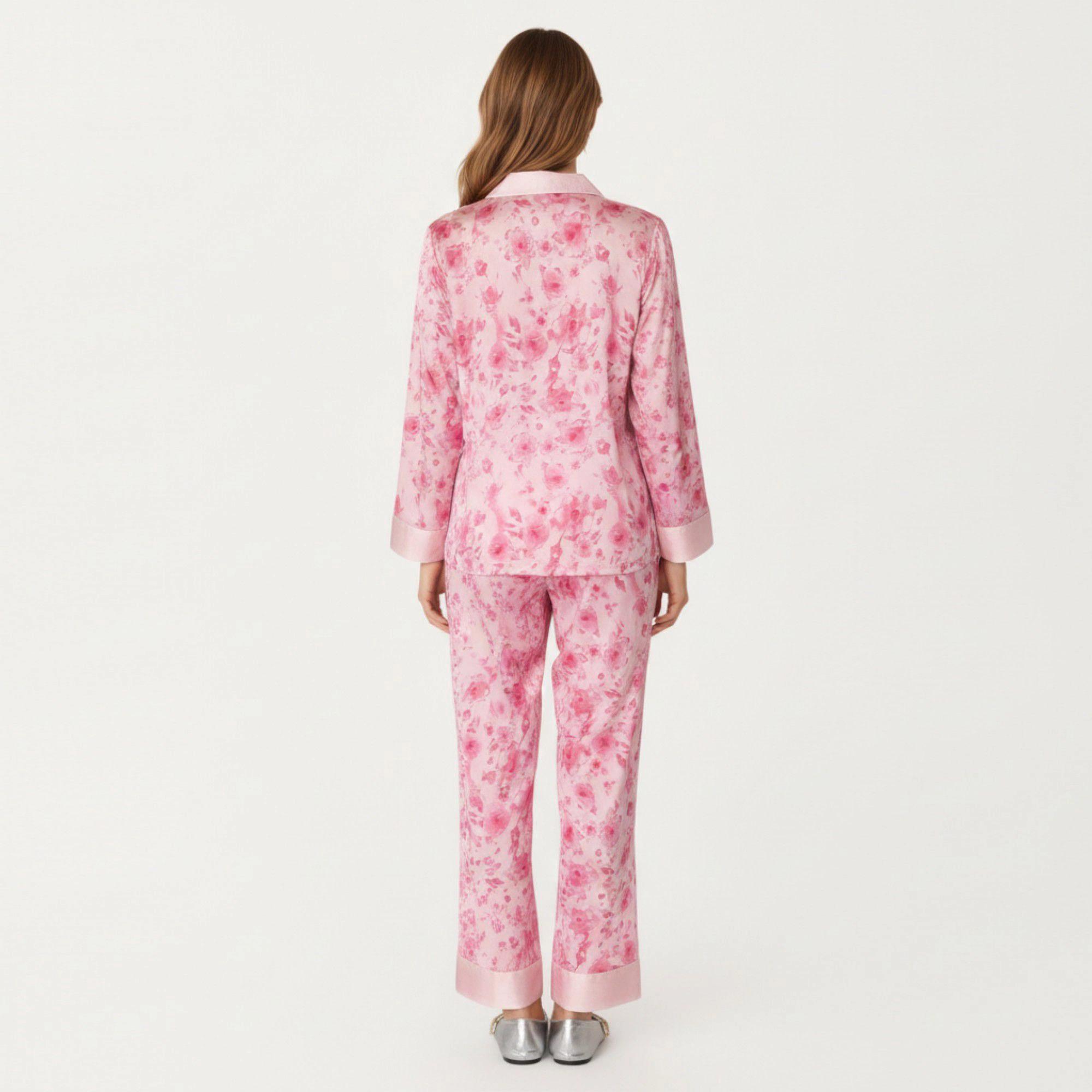 Anna-Kaci Women's 2-Piece Floral Satin Button Front Pajama Top with Contrast Cuffs and Matching Relaxed Fit Lounge Pants
